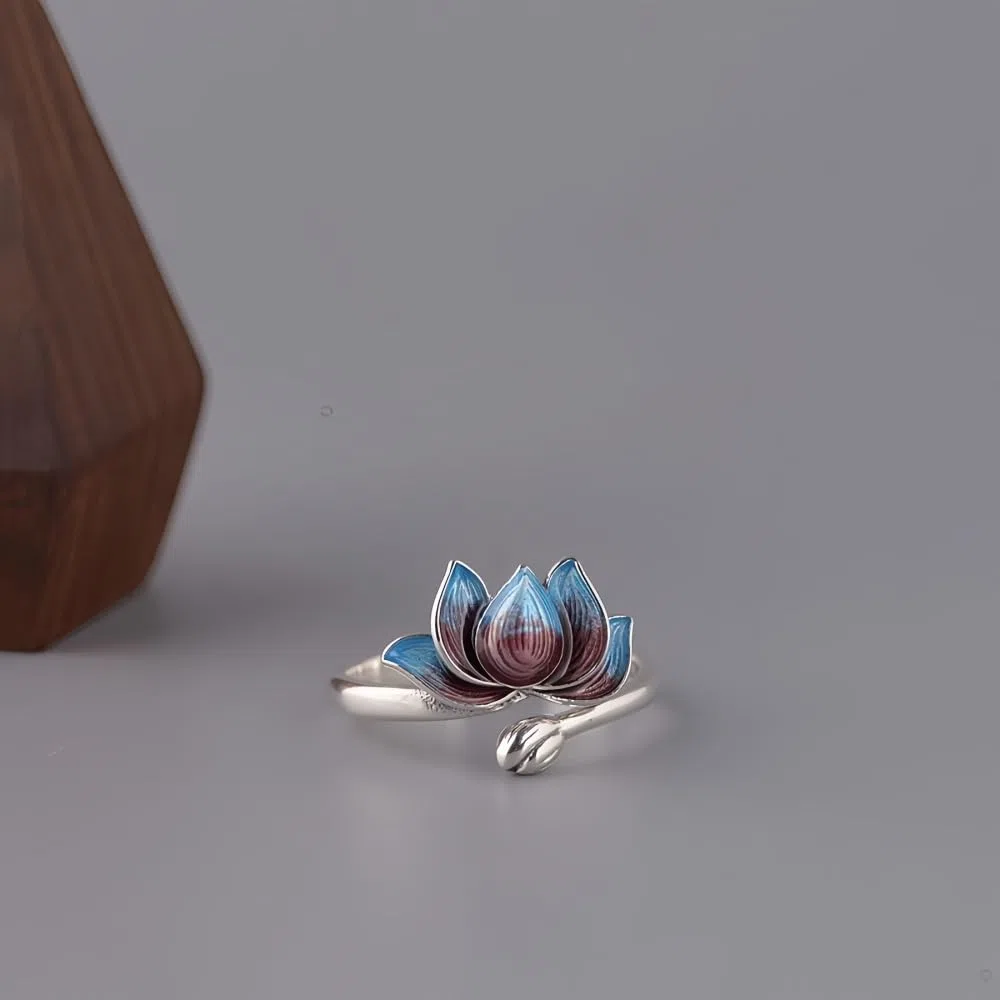 Anello aperto fiore di loto smaltato in argento sterling 925 per donna e ragazza regolabile