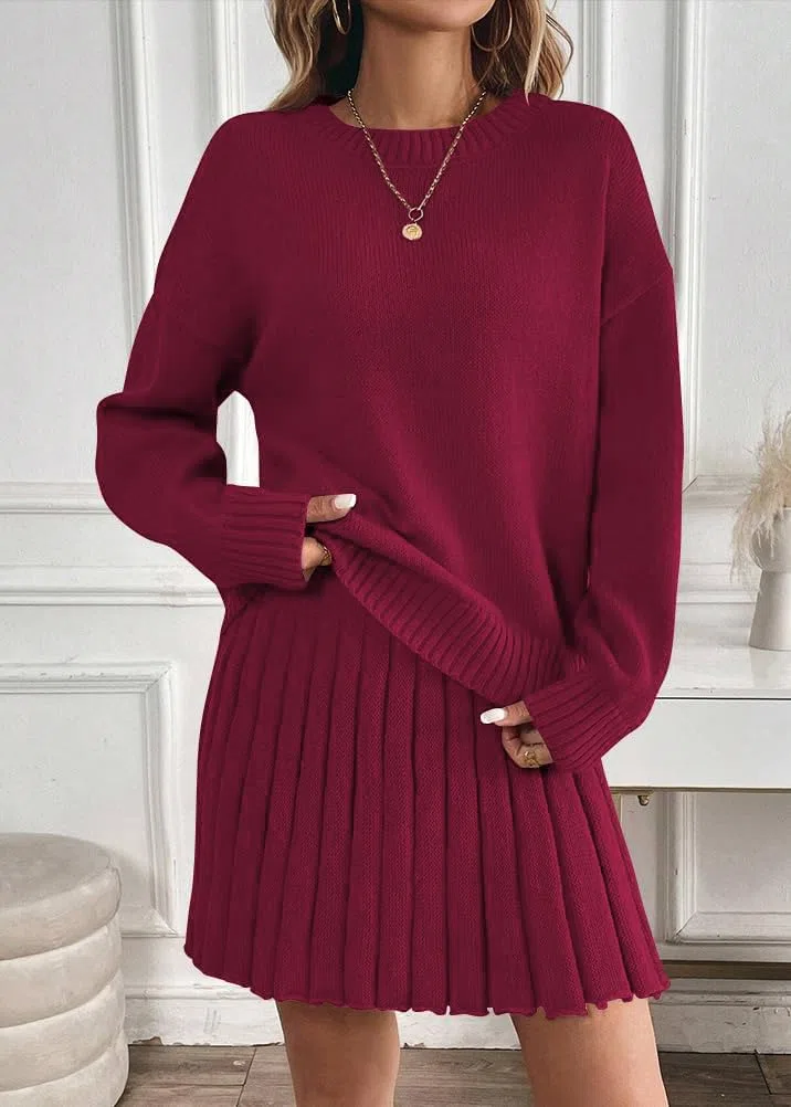 ORANDESIGNE Completo Gonna Plissettata da Donna in 2 Pezzi Abito a Collo Alto e Gonna in Maglia Set 2 Pezzi Vestiti Elegante Vestito in Maglia Gonna A-Line
