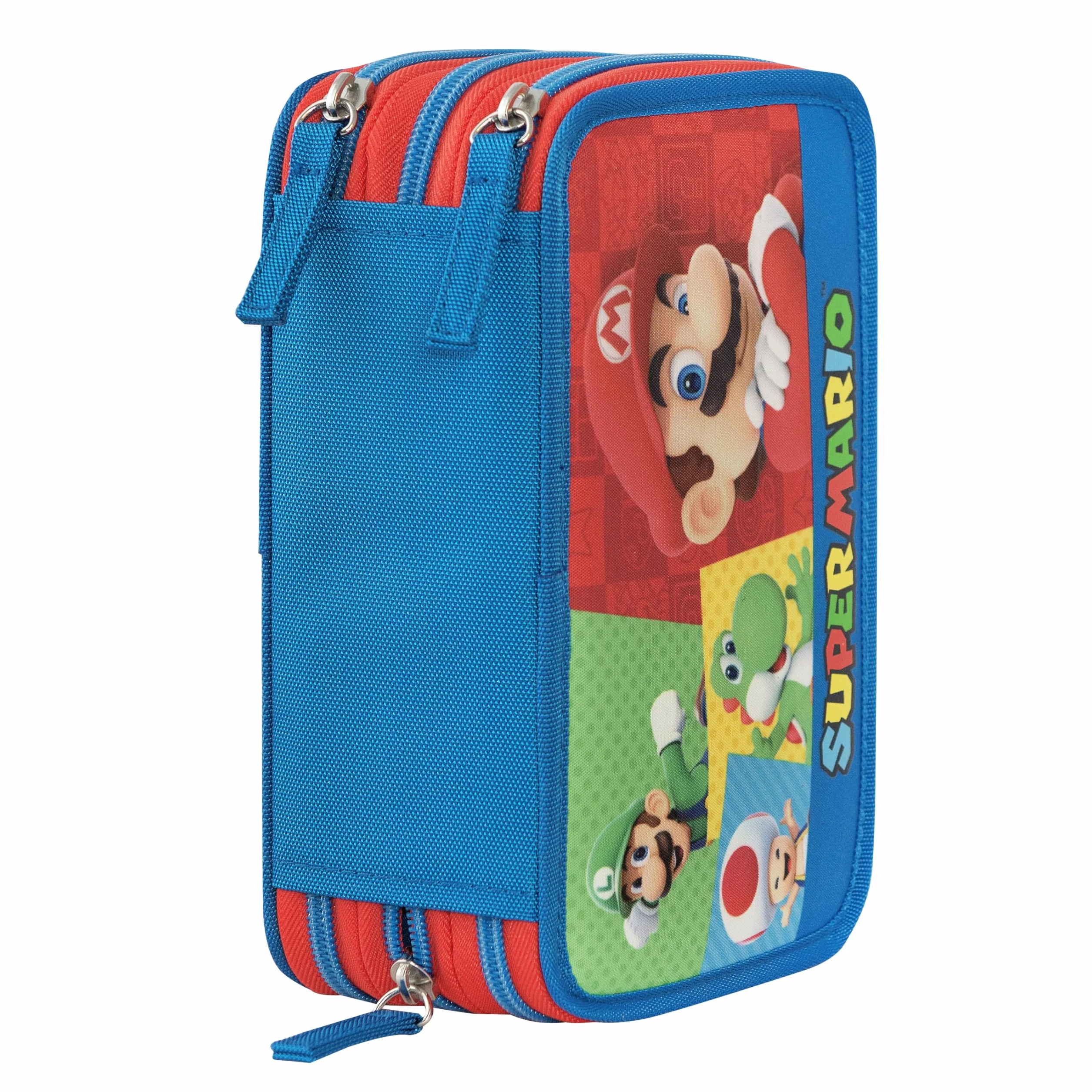 SUPER MARIO - Astuccio Scuola Ufficiale Super Mario, Astuccio 3 Scomparti Bambino e Bambina con Set Cancelleria, Penna Cancellabile Blu e Pratica Chiusura a Zip, 20x13Hx7 cm