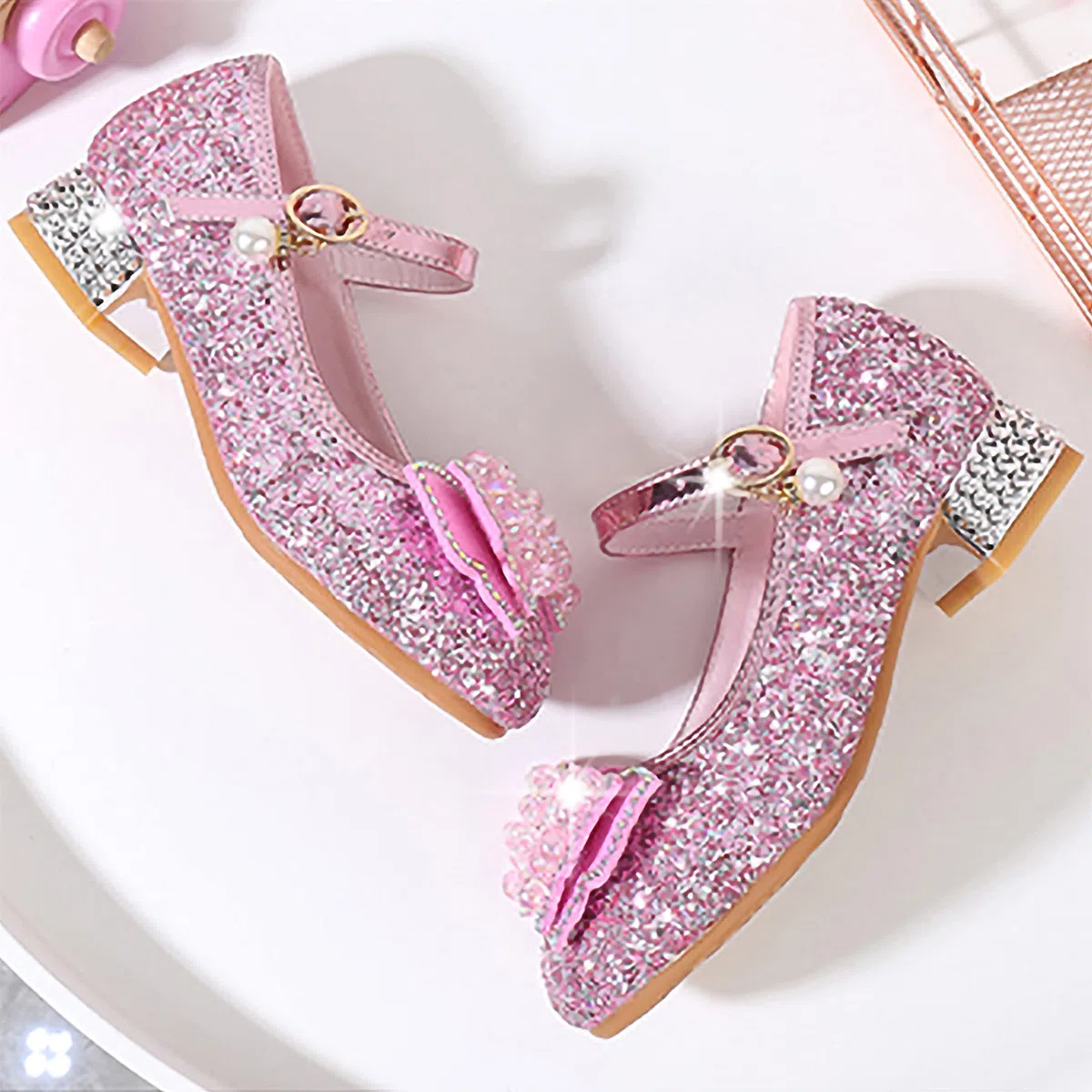 Principessa Scarpe con Tacco da Bambine e Ragazze con Fiocchi Scarpe da Principessa con Paillettes Ragazza Ballerine Glitterate Scarpe Eleganti Partito e Carnevale，Rosa