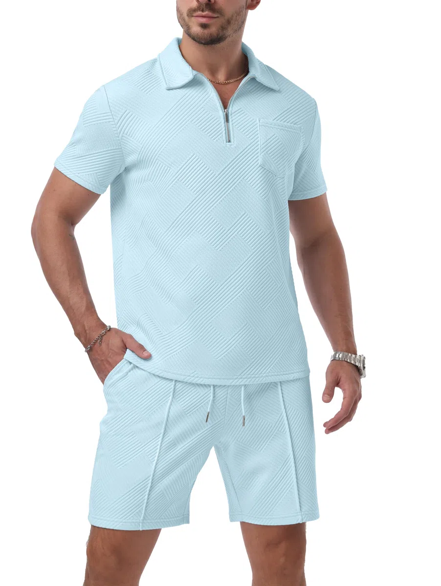 QIXING Set polo da uomo con pantaloncini e maglietta da uomo, estivi, 2 pezzi, abbigliamento da vacanza, con mezza zip