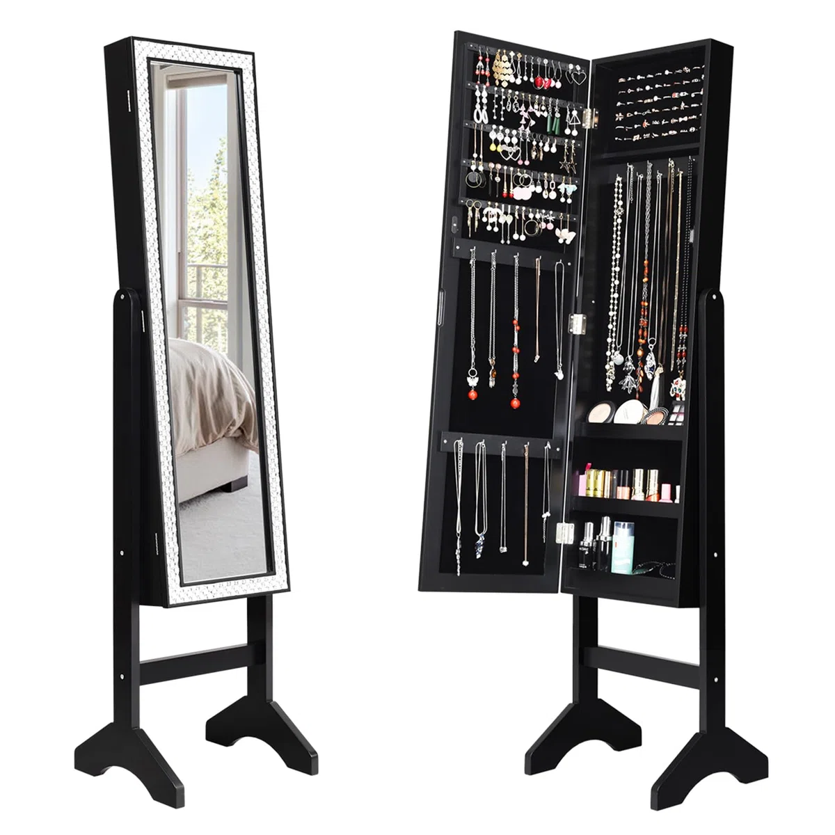 COSTWAY Armadio per Gioielli, Armadietto Portagioie con Specchio a Figura Intera, Organizer Spazioso per Gioielli, per Camera da Letto e Salotto, 35,5 x 33 x 153 cm (Nero)