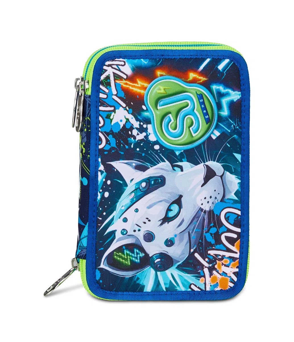 SJ GANG STYLE JAM GANG Astuccio Scuola 3 Zip, Blu, Portapenne Triplo Scomparto Completo Di Penne, Matite, Colori, Accessori Zaino, Scuole Elementari, Bambino