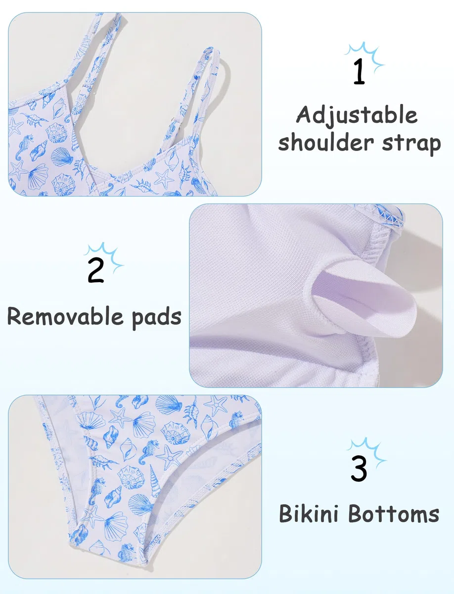 SEAUR Bikini da bambina con gonna, 3 pezzi, costume da bagno imbottito, per adolescenti, alla moda, stampato, costume da bagno per bambini, 120-170 cm