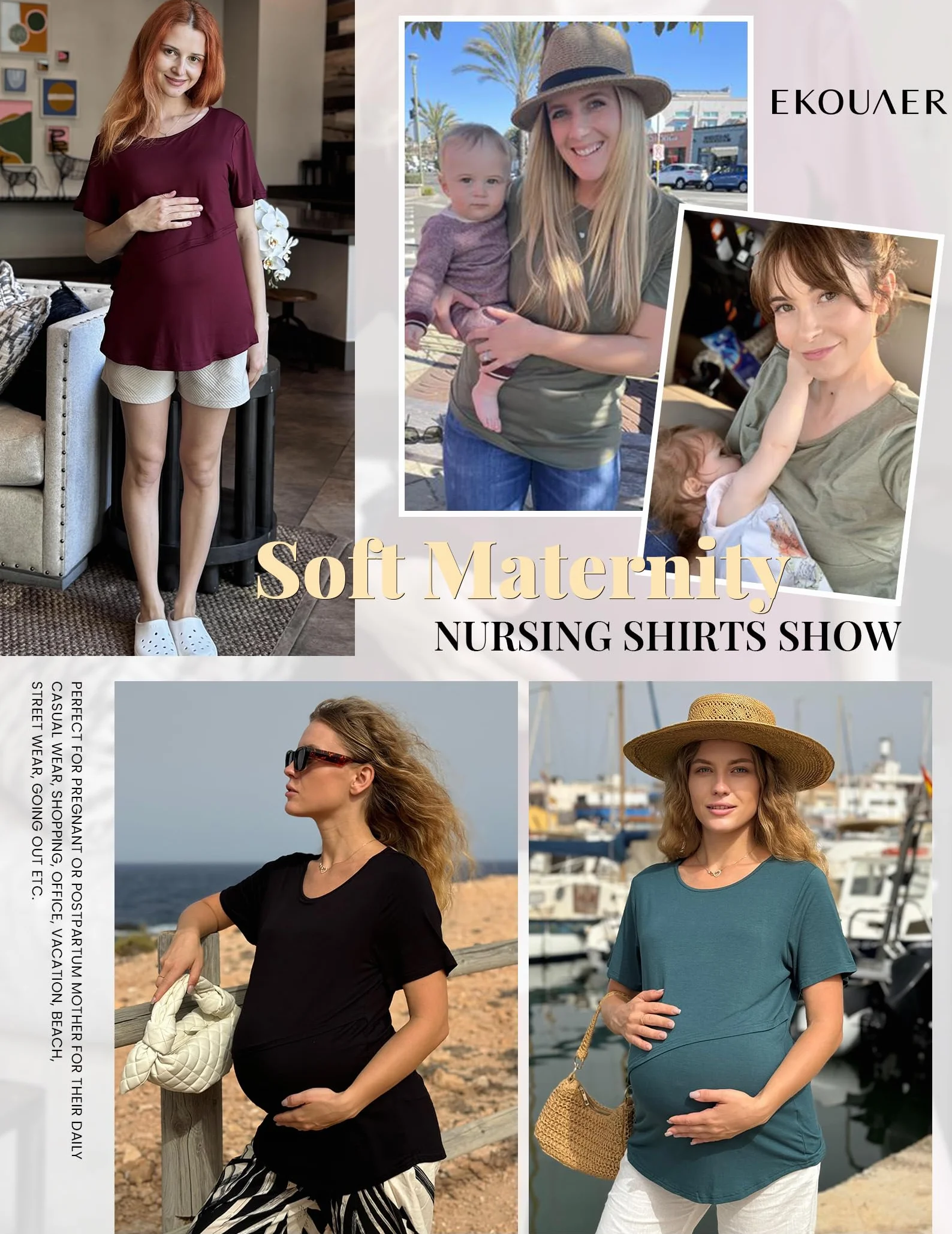Ekouaer Confezione da 3 Magliette da Allattamento da Donna Manica Corta Gravidanza T-Shirt Estivi