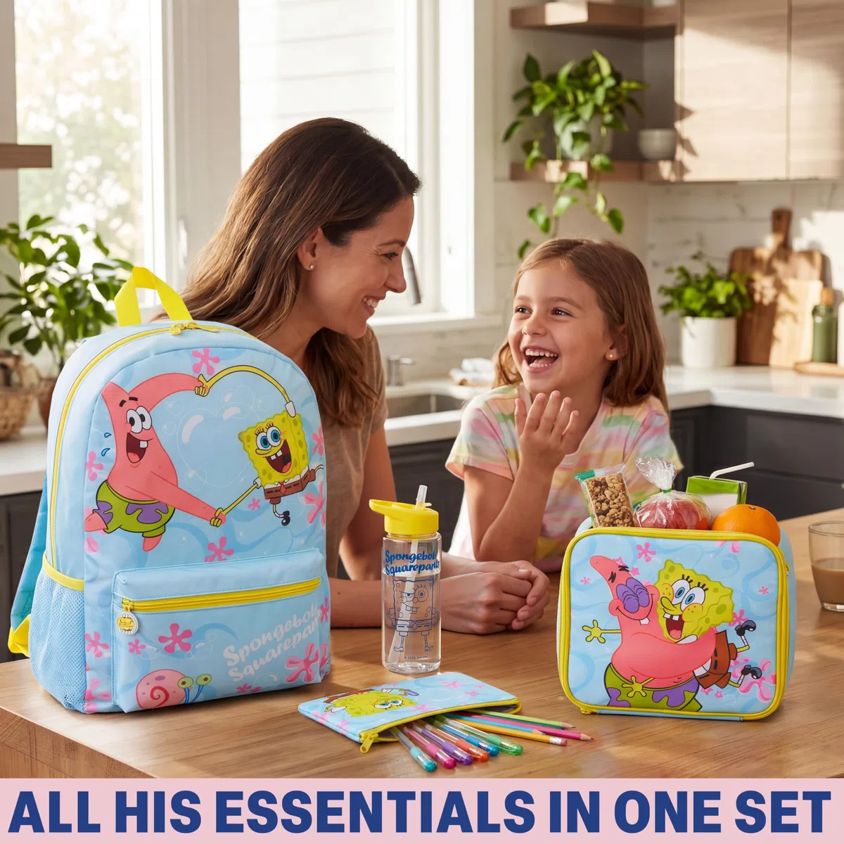 Get Trend SpongeBob Zaino Ragazza Set, 4 Pc con Zaino Scuola, Borsa Termica Porta Pranzo, Borraccia con Cannuccia e Astuccio, Regalo Bambina (Azzurro/Giallo SpongeBob)