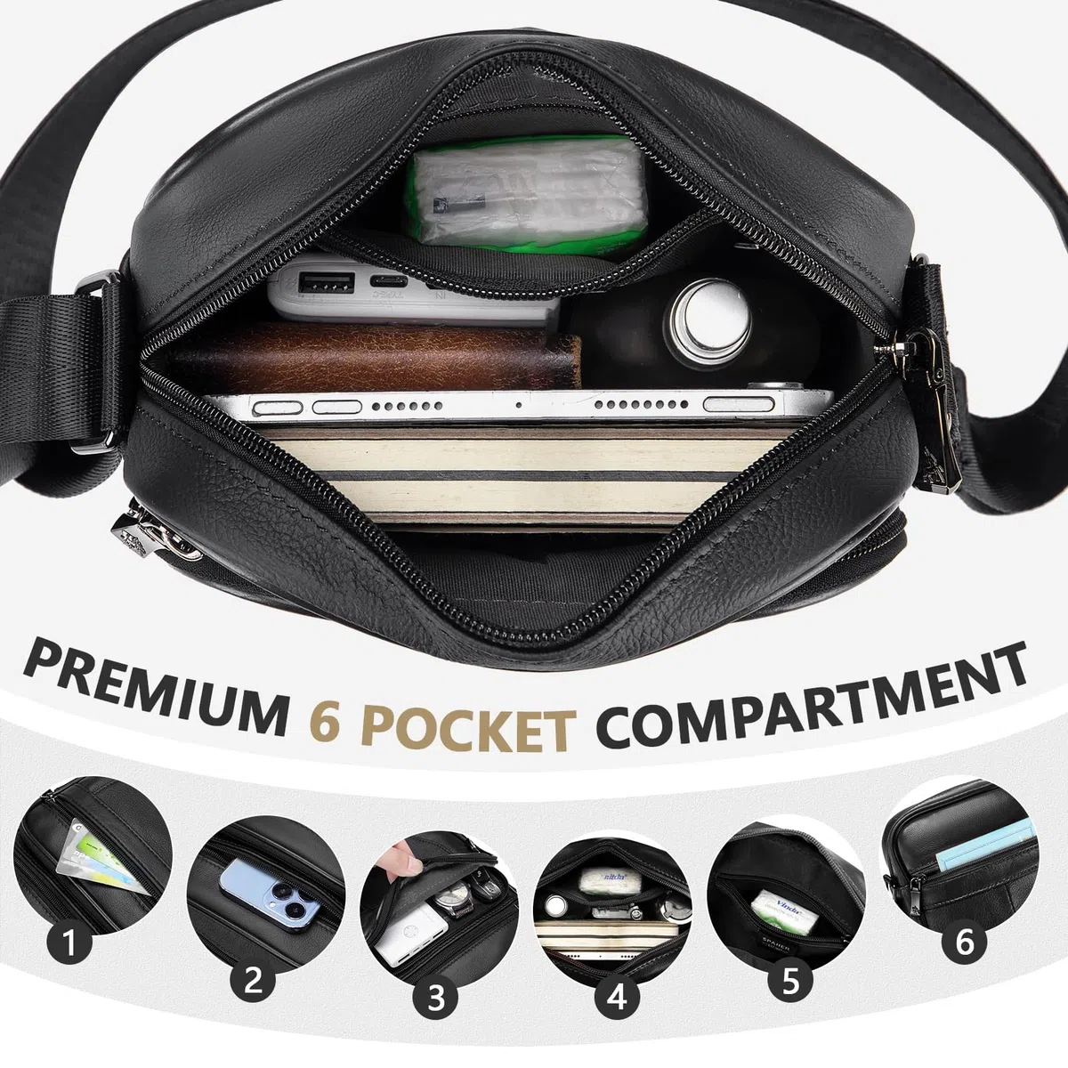 SPAHER Borsello Uomo Tracolla Pelle Borsa a Tracolla Casual Borsa a Spalla da Uomo Borselli da Lavoro Piccolo Messenger Bag per Ufficio/Vita Quotidiana, Idea Regalo per festa del papà, Nero