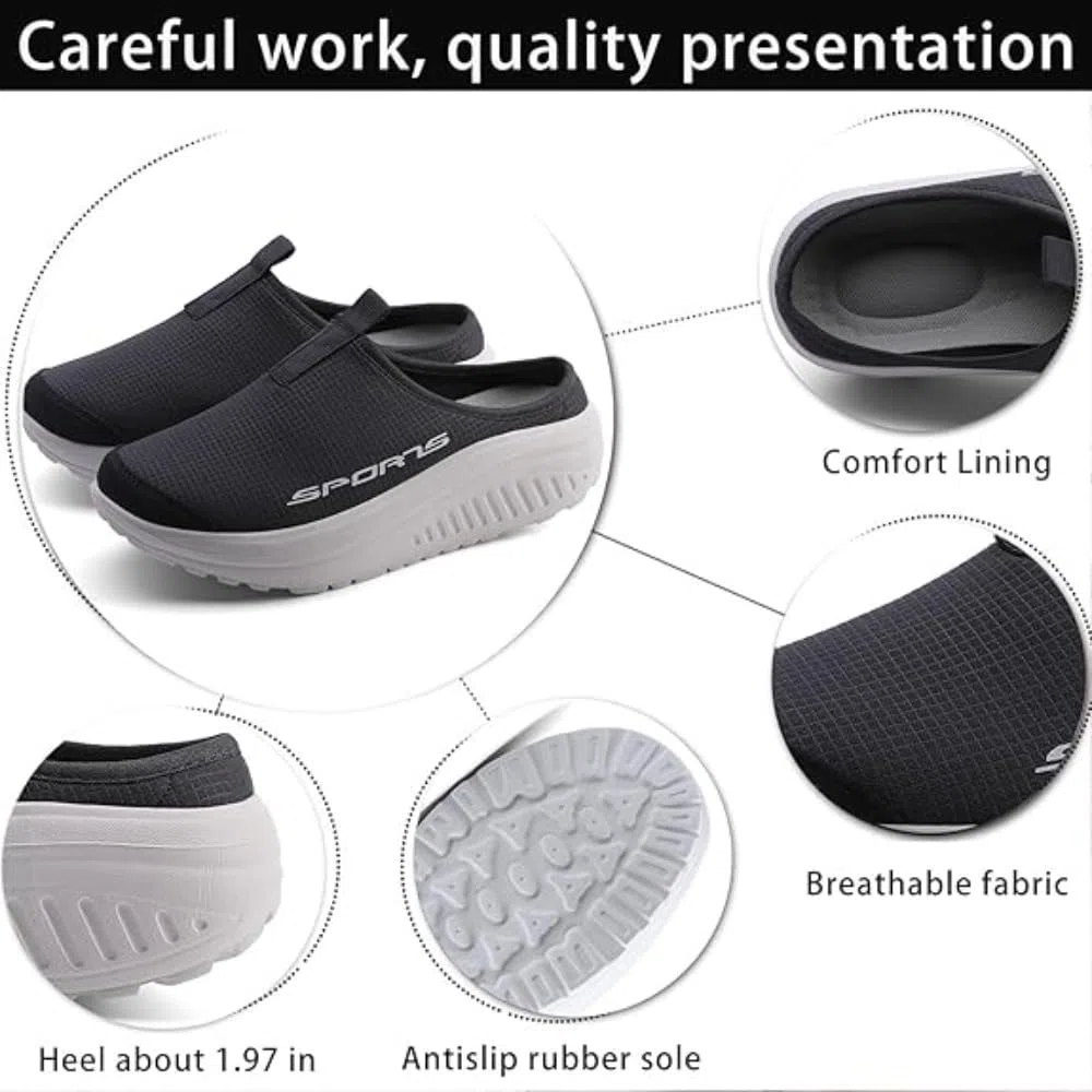 Pantofole comode e traspiranti a punta chiusa con suola a dondolo, stile casual, a maglia, senza schienale, con zeppa e apertura sul retro