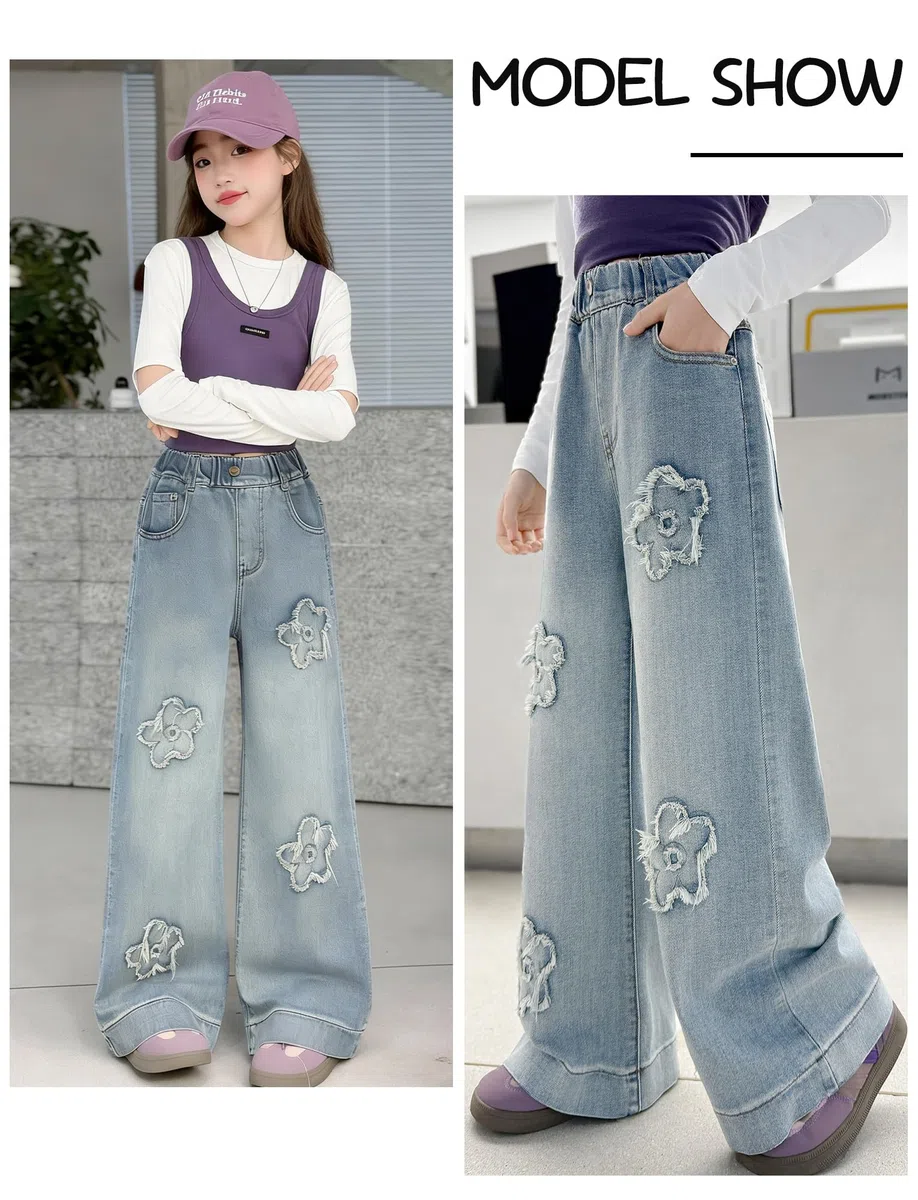 SEAUR Jeans da ragazza a gamba larga Bootcut elastico in vita pantaloni larghi in denim da ragazza jeans larghi in cotone gamba dritta