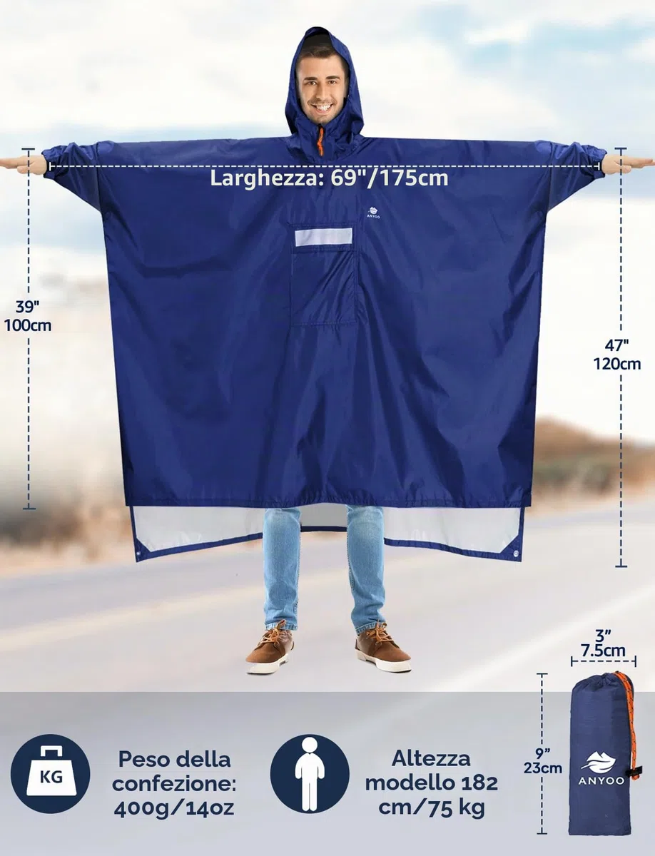 ANYOO Impermeabile Poncho Pioggia Riutilizzabile Multiuso Impermeabile con Cappuccio Packable Telo Riparo a Terra Foglio Ideale per Campeggio all'aperto Pesca Sopravvivenza,Taglia Unica