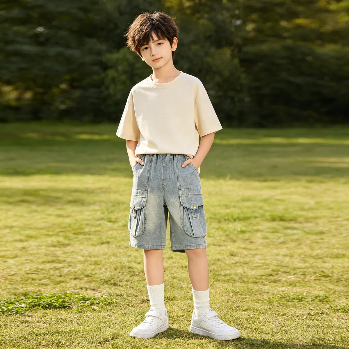 Rolanko Pantaloncini di Jeans Larghi per Ragazzi, Vita Elastica Gambe Larghe Shorts Denim Estivi al Ginocchio