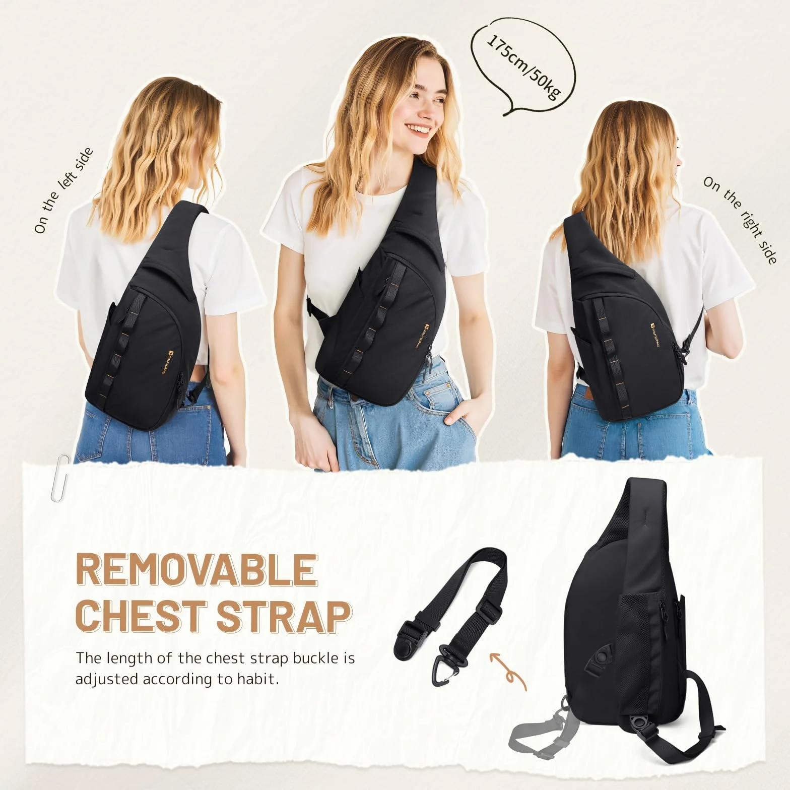 GOLF SUPAGS Zaino Monospalla Tattico Uomo Donna, Multifimzioni Zaini Petto, Leggero Borsa a Tracolla per Sport Viaggio Ciclismo Campeggio Escursionismo (Nero)