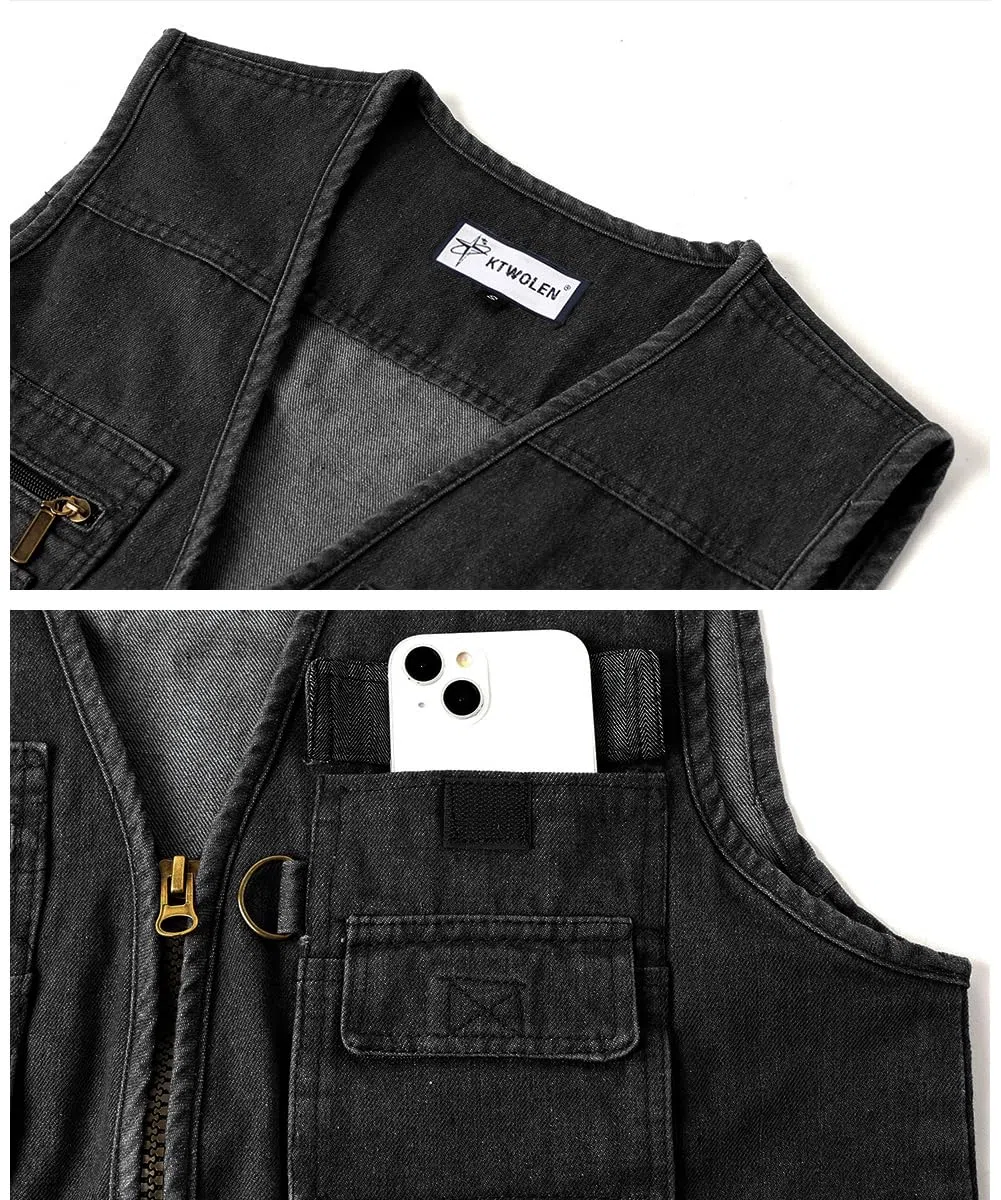 Gilet di Jeans da Uomo Multi-Tasca Gilet Moto Giacca Denim Vintage Smanicato Jeans Giubbino da Lavoro con Cerniera