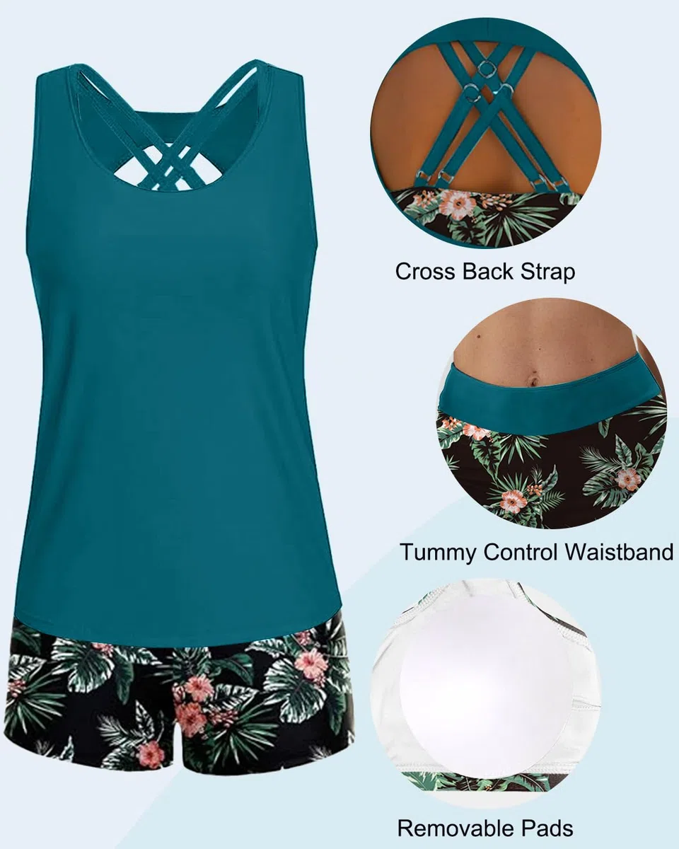CheChury Tankini da Donna Set 3 Pezzi Costume da Bagno Donna con Pantaloncini Canotte con Reggiseno e Culotte Sets Stampato Tankini Set Crisscross Bikini Top Controllo Pancia Vita Alta Costume Bagno