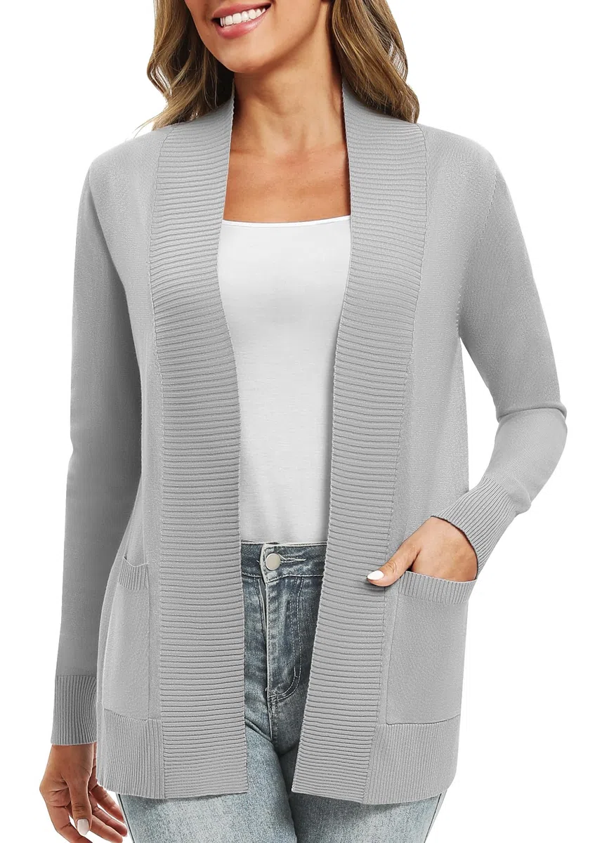 EXCHIC Donna Casuale Manica Lunga Lavorare a Maglia Cardigan Leggero Comodo Fronte Aperto Maglioni Lunghi con Tasche