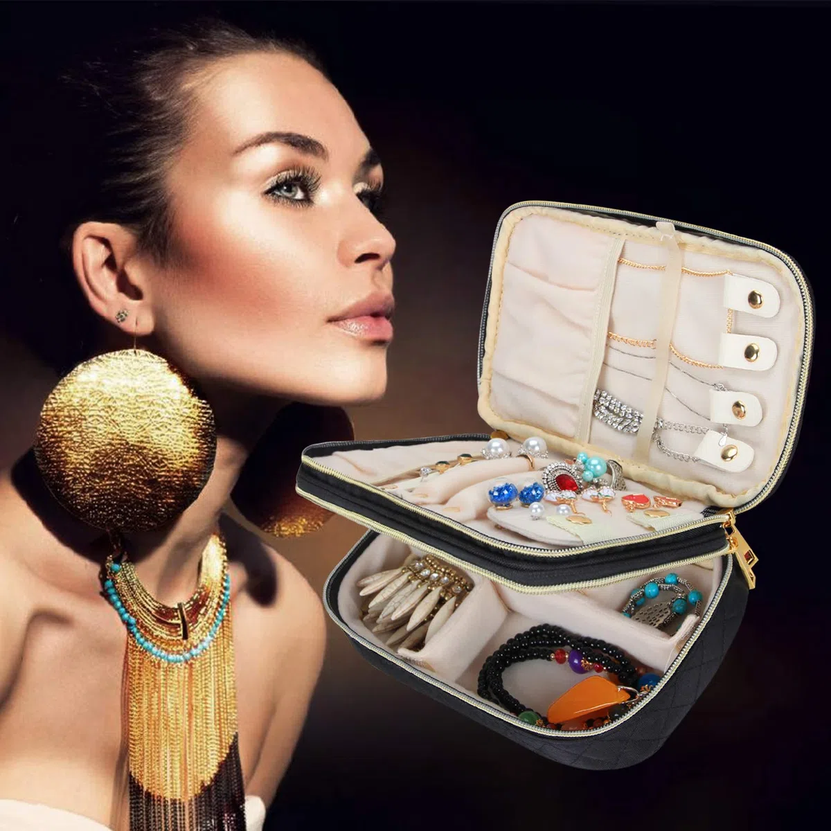 Teamoy Custodia per Gioielli da Viaggio, Borsa Organizer Trapuntata per Gioielli con Scomparti, Supporto per Collana, Nero