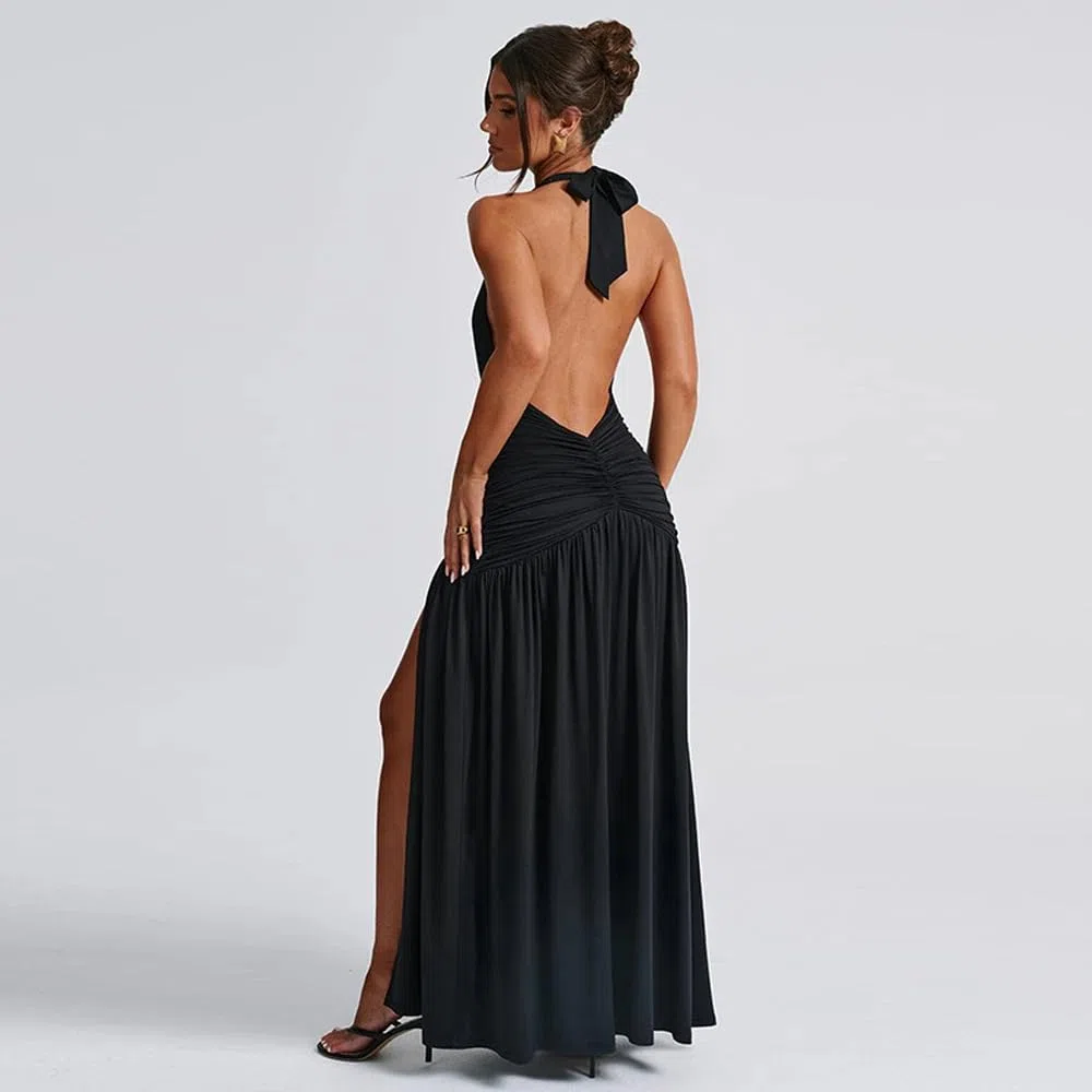 Vestito Donna Elegante Maxi Lunga Profondo Scollo a V Schiena Scoperta Sexy Spacco Abito Slim Festa Cocktail da Damigella della Sera e Cerimonia Matrimonio