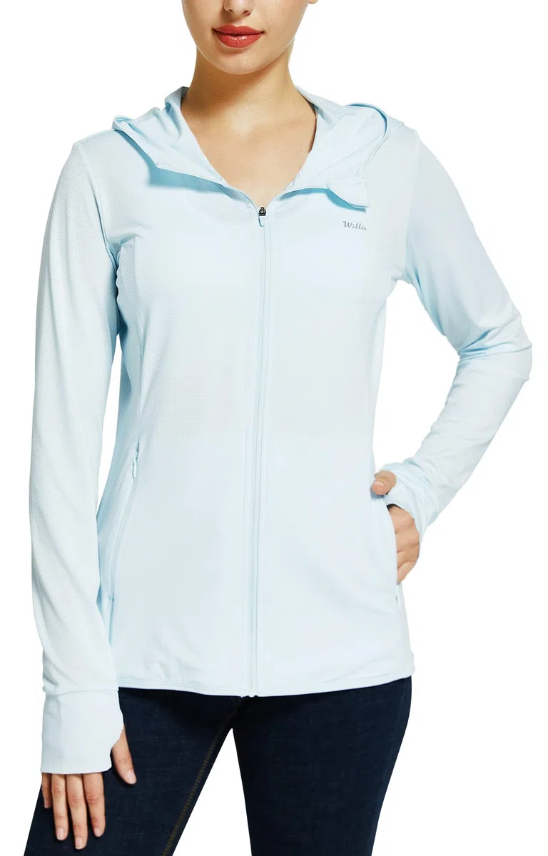 WILLIT Giacca sportiva da donna, a maniche lunghe, protezione solare, con cappuccio, protezione UV, UPF 50, leggera, yoga, fitness, sport, escursionismo, con tasche
