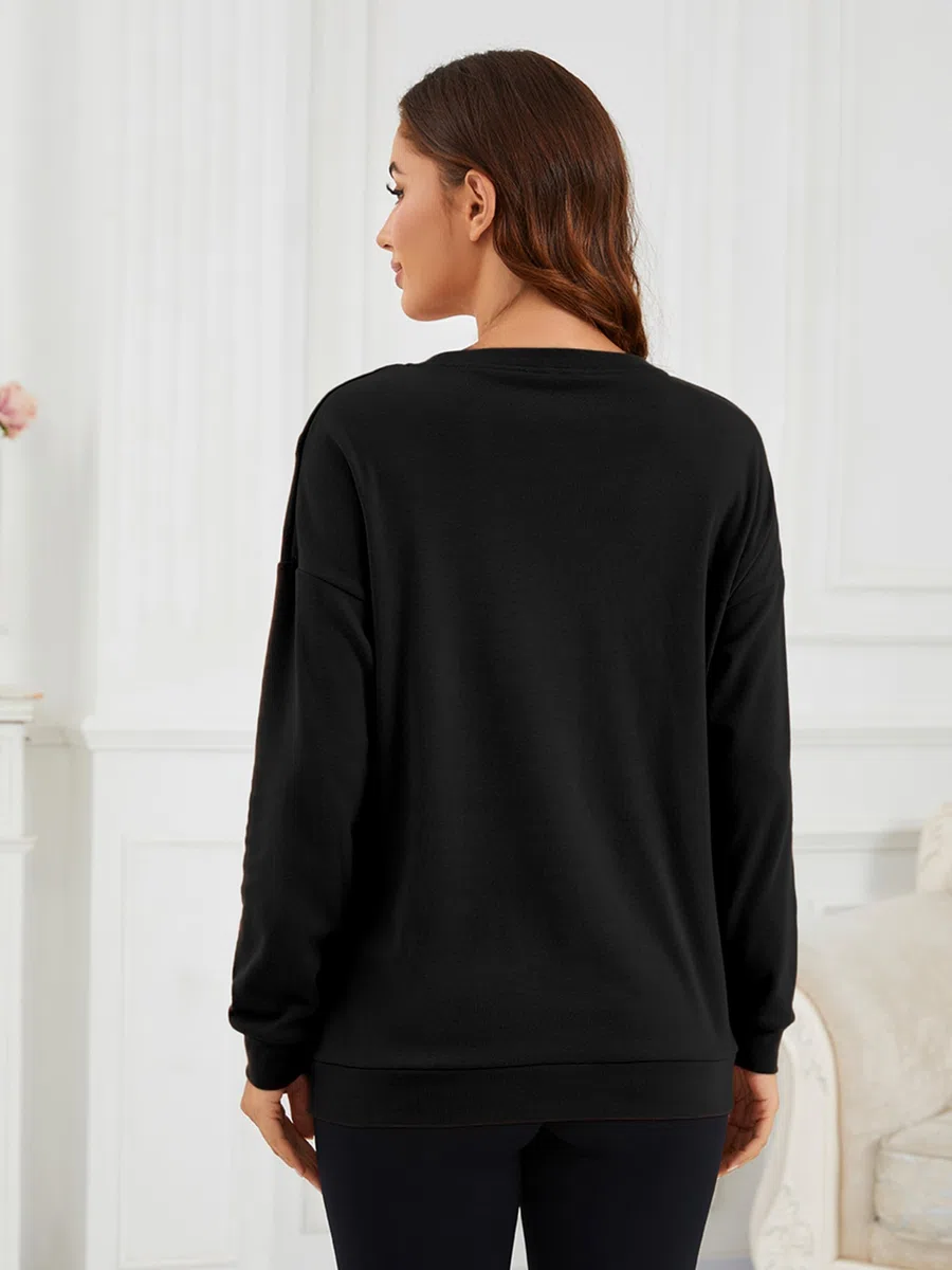 Maglietta da donna a maniche lunghe, casual, con chiusura lampo invisibile, per l'allattamento, alla moda, con tasca