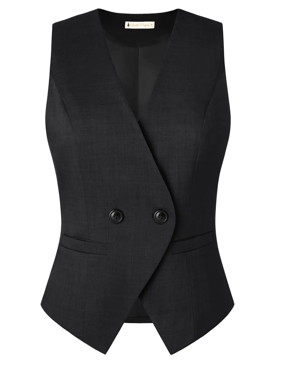 Belle Poque Gilet da donna vintage senza maniche con scollo a V Button Down Fazzoletto orlo gilet cappotto con tasche