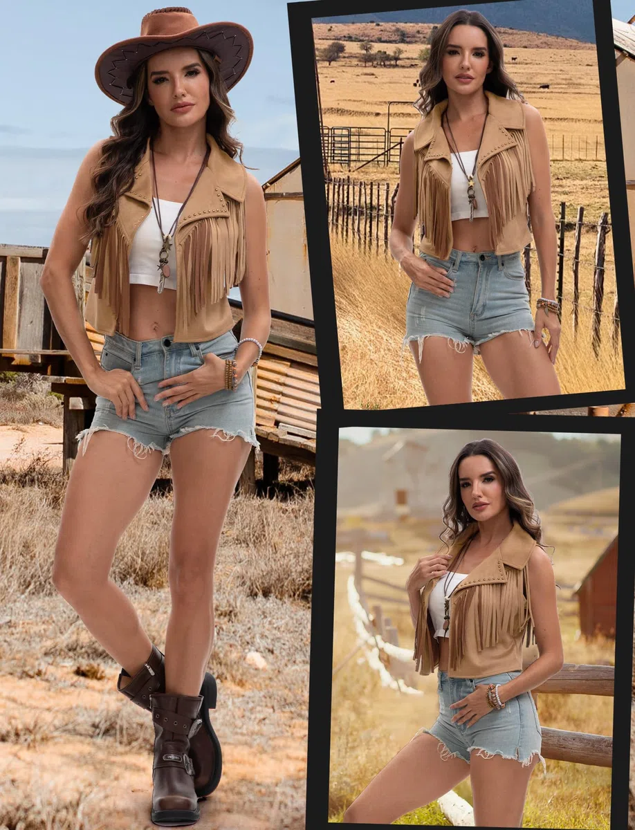 Panegy Donna Fringe Gilet Gilet 70s Hippie Faux Suede senza maniche Tassel Giacca aperta anteriore Cowgirl Rivets Cardigan