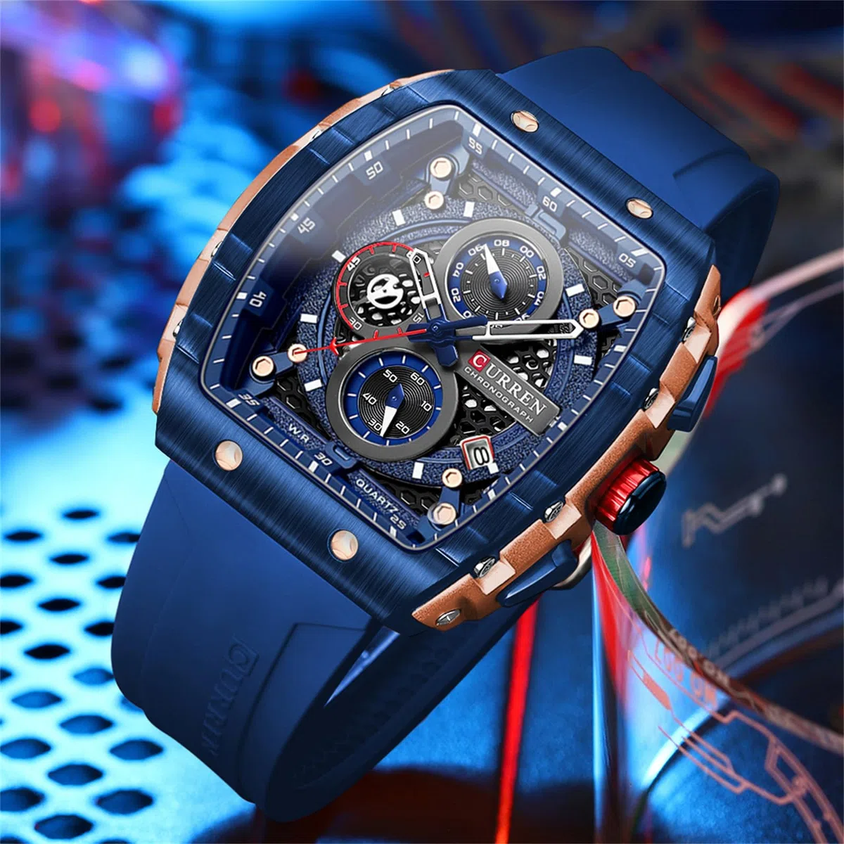 FORSINING Orologio da polso da uomo, analogico, al quarzo, alla moda, rettangolare, grande quadrante, cinturino in silicone, impermeabile, orologio militare con calendario e data