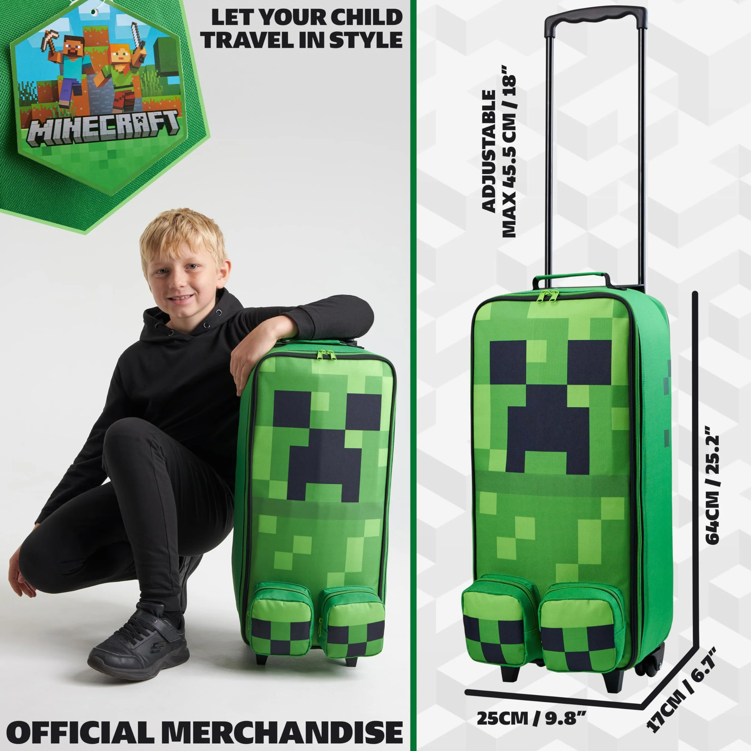 Minecraft Valigia Bambino con Ruote, Morbido Valigie Bambini, Creeper Pieghevole Trolley da Viaggio, Accessori Viaggio, 64x17x25cm, 17L
