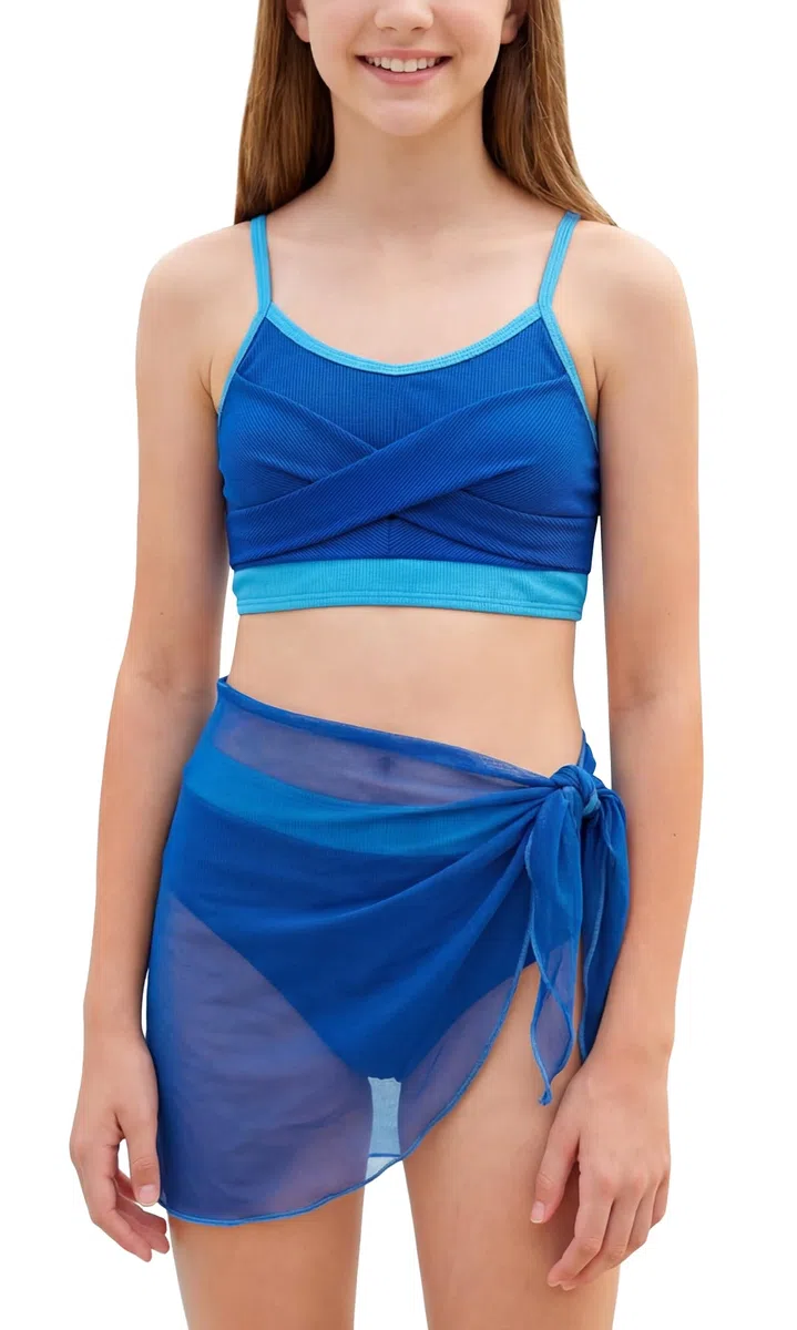 Set Bikini 3 Pezzi Costume da Bagno con Spalline Spaghetti Gerippt Set da Bagno Imbottito Tinta Unita 9-16 Anni