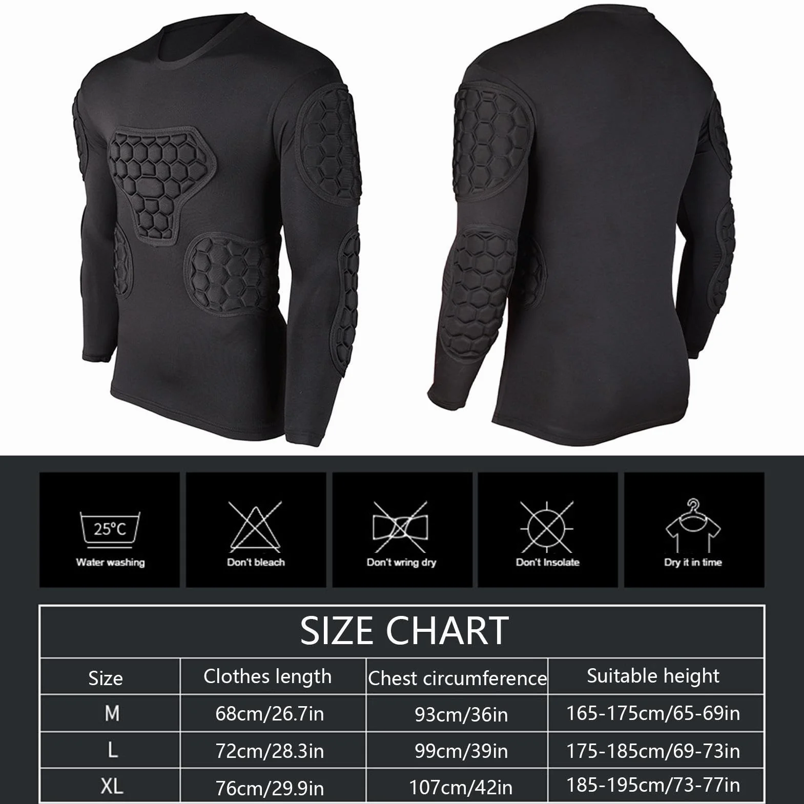 Teksome Maglia a compressione imbottita da calcio, maglia da portiere, nera, a maniche lunghe, per calcio, basket, paintball, rugby, parkour, calcio
