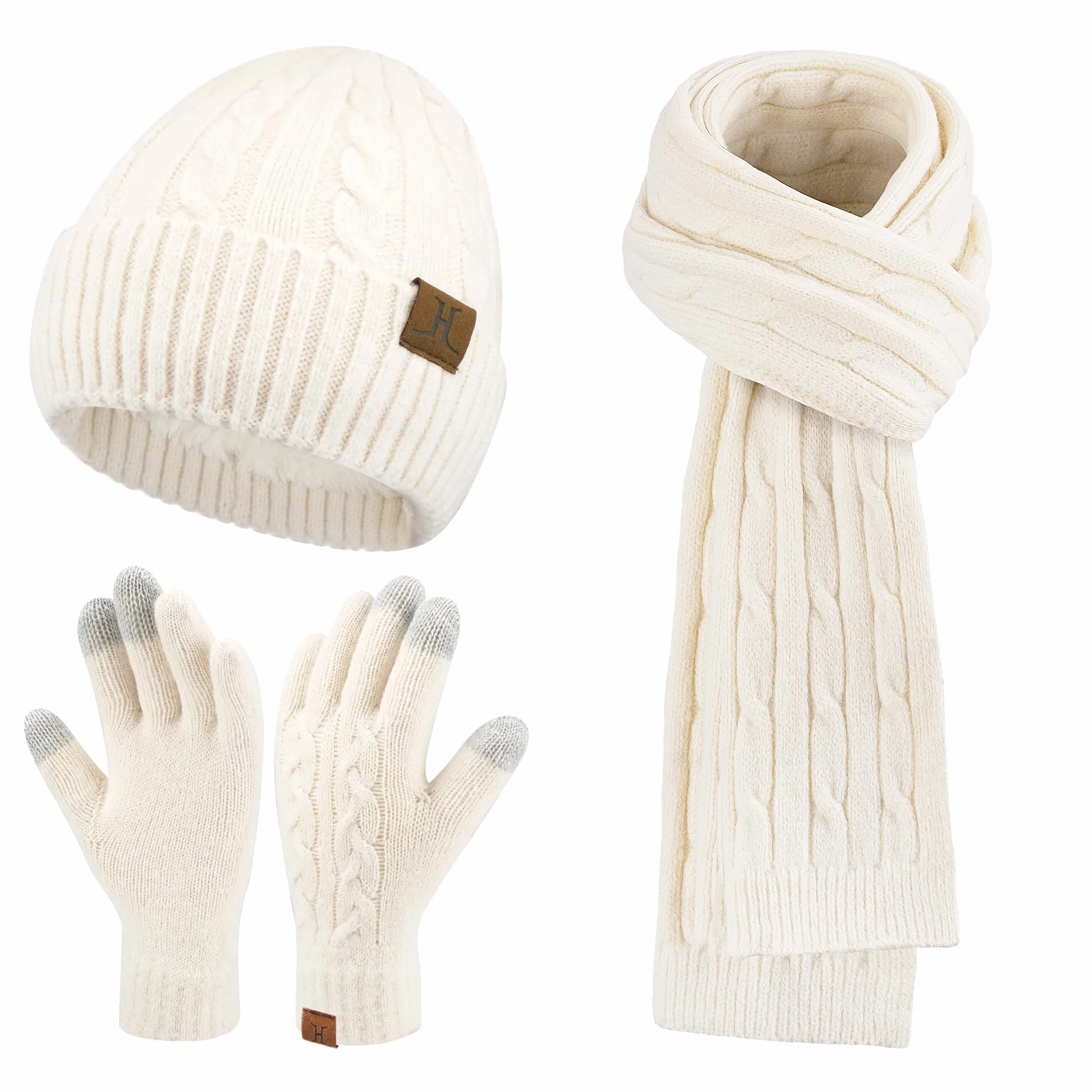 ZASFOU Donna Cappello Invernale Sciarpa Guanti Touch Screen Set Caldo Pile Foderati in Maglia Berretto Cappelli Sciarpe Lunghe Guanto Regalo per Donna Compleanno Natale