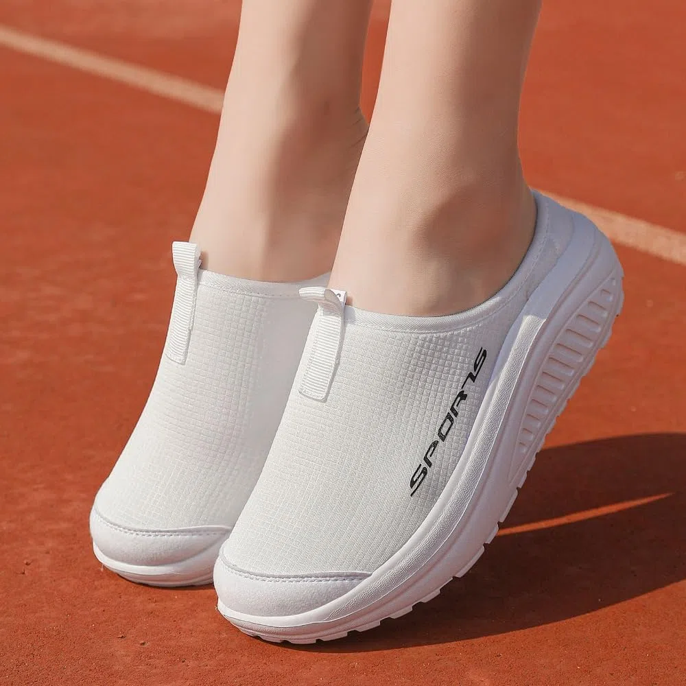 Pantofole comode e traspiranti a punta chiusa con suola a dondolo, stile casual, a maglia, senza schienale, con zeppa e apertura sul retro