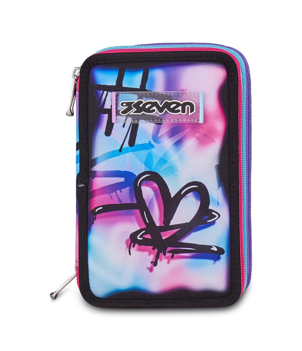 Seven Astuccio Scuola Elementare, 3 scomparti, Medie, con Matite, Pennarelli, Penne, 3 Zip, Purple Flare, Bambina e Ragazza, rosa/nero