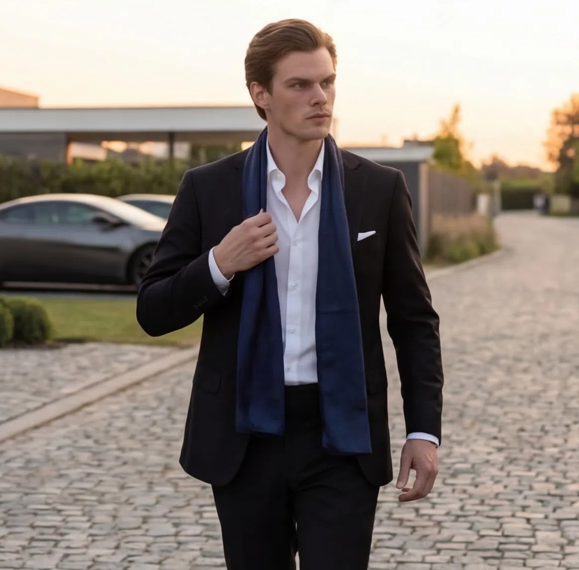 Sciarpa da Uomo 100% Seta Chiffon 180 x 80 cm Tinta Unita per Abito Blu Scuro, Panno di Seta Stola Business Style Regalo per Lui, Bianco