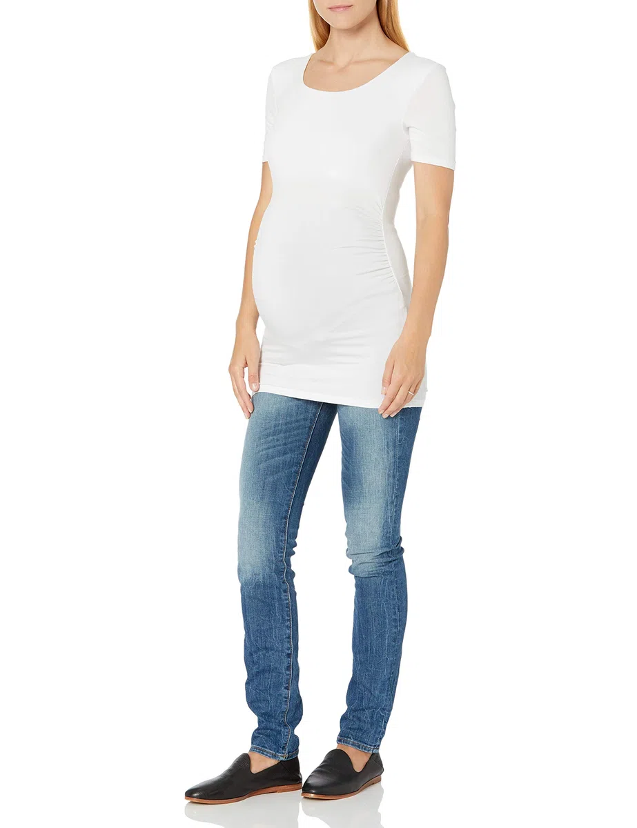 Amazon Essentials T-Shirt con Scollo Rotondo e Arricciatura a Maniche Corte Premaman Donna, Pacco da 2