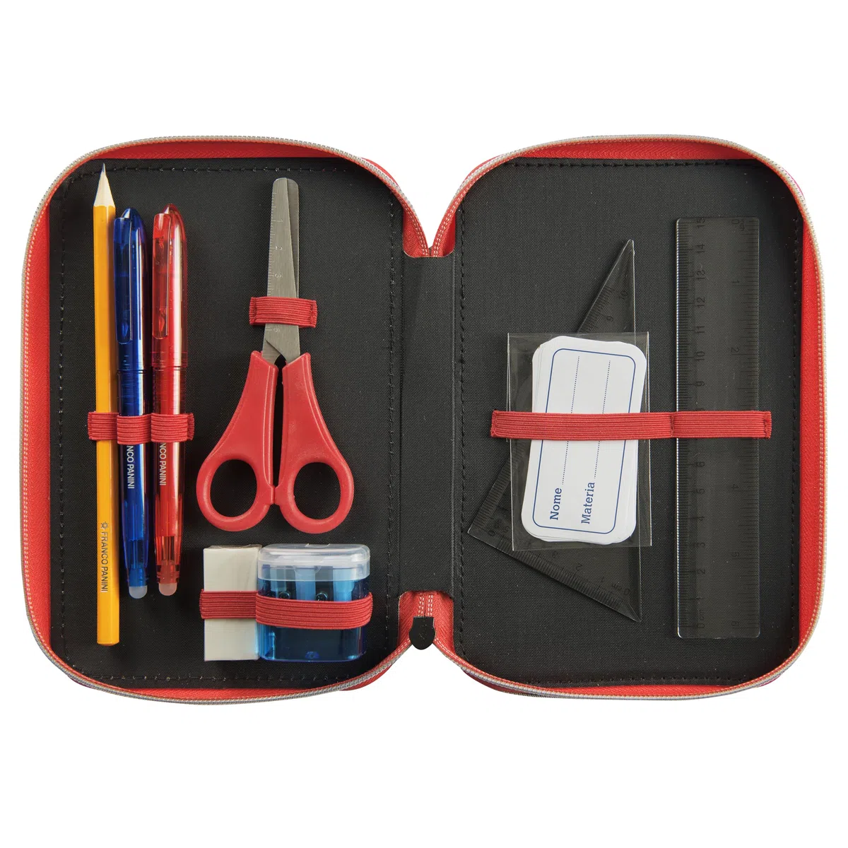 MARIO KART - Astuccio Scuola Ufficiale Mario Kart, Astuccio 3 Scomparti con Set Cancelleria Incluso, Penna Cancellabile Blu, 5 Etichette Adesive, Pratica Chiusura a Zip, 20x13Hx7 cm