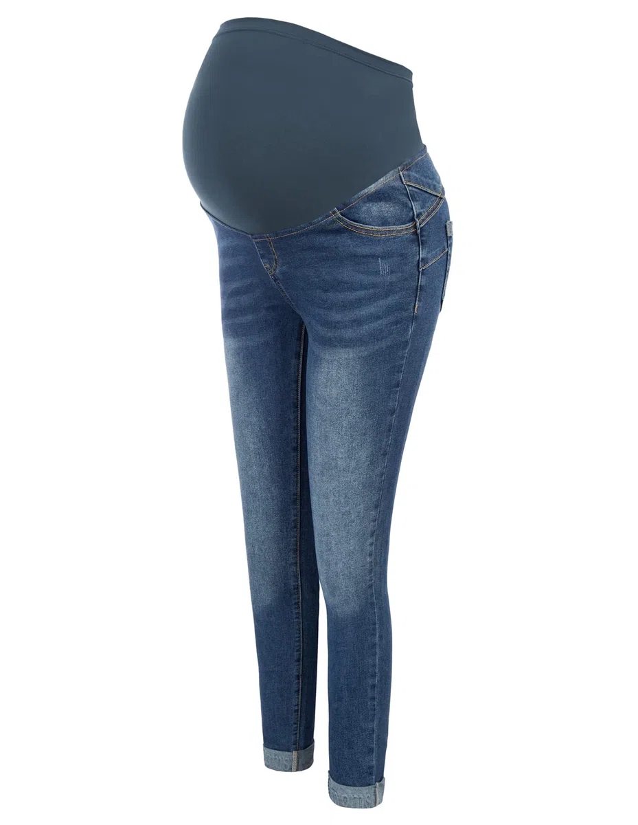 Maacie Pantaloni premaman lunghi elastici per gravidanza, comodi jeans primaverili estivi, Azzurro con orli arrotolati, S