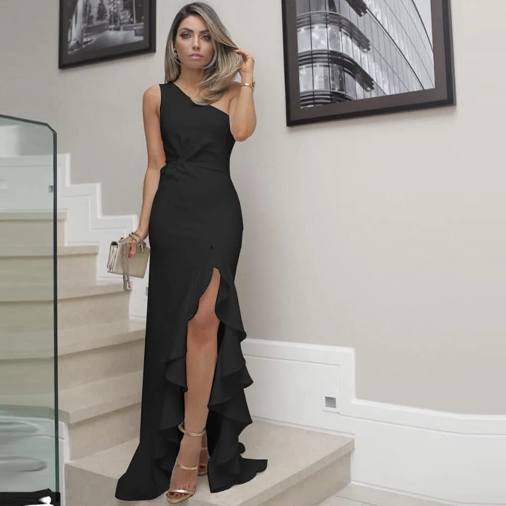 Vestito Donna Eleganti Vestito Spalla Scoperte Abito Cocktail Orlo con Volant Senza Maniche Casuale Abito Lungo Sexy Tinta Unita