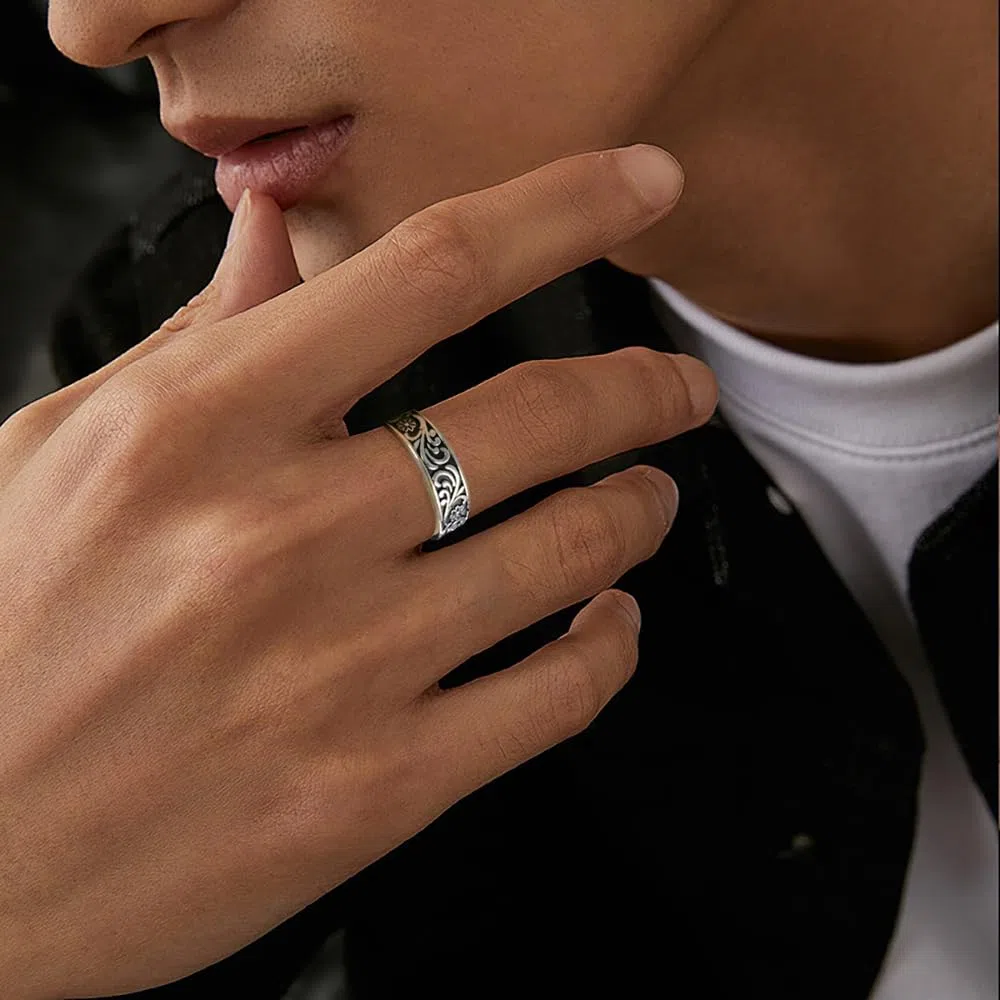Anello da Uomo in Argento Sterling 925 con Turchese Naturale di Modello di Erba Anello per Moda Retrò Misura Regolabile