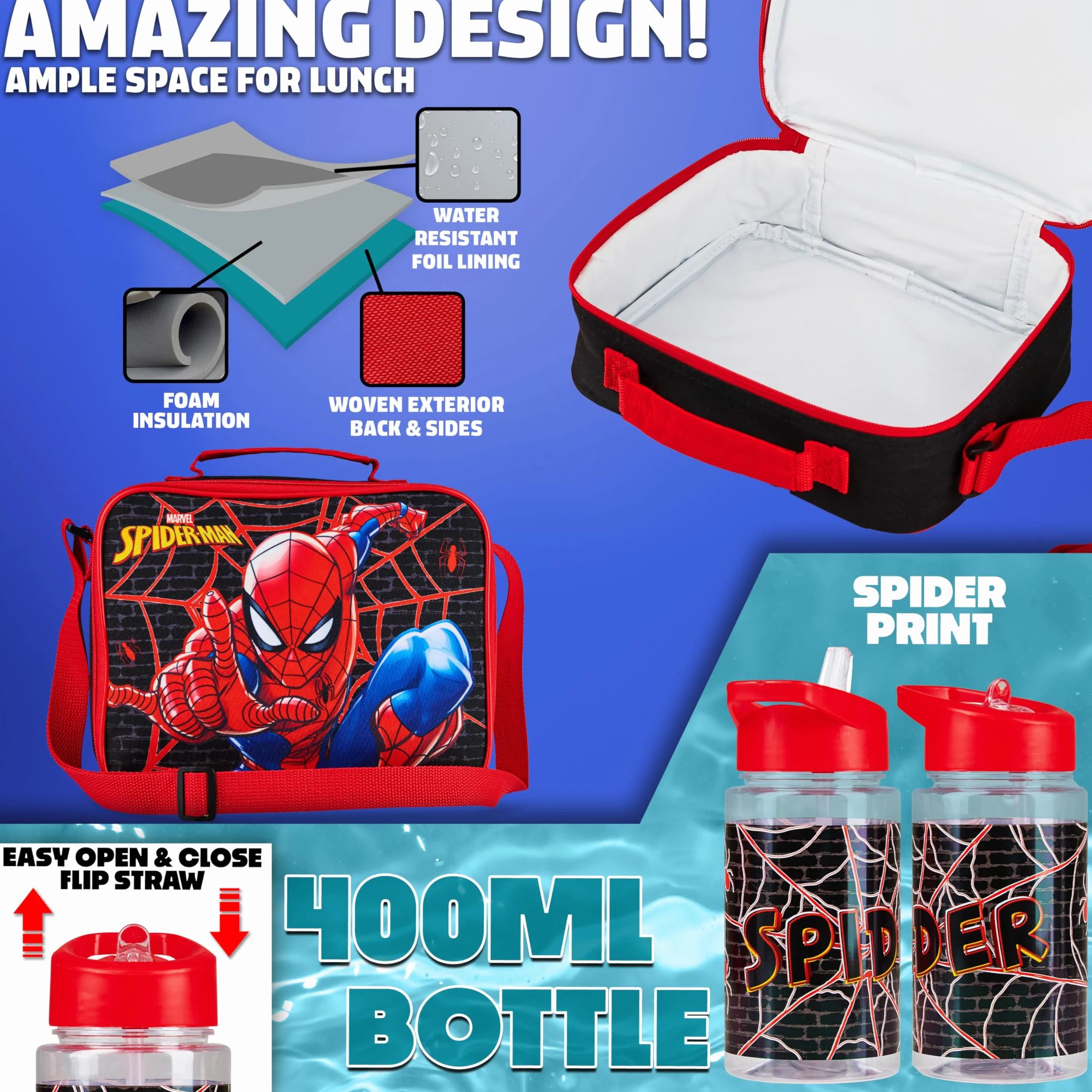 Marvel Spiderman Zainetto Bambino Set 4 Pz Borraccia 400ml Astuccio Isolato Borsa Portapranzo Accessori Scuola Viaggio Vacanza