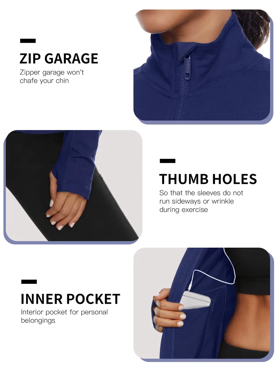 VUTRU Giacca sportiva da donna, a maniche lunghe, per fitness, yoga, fitness, fitness, con tasche, foro per il pollice, traspirante