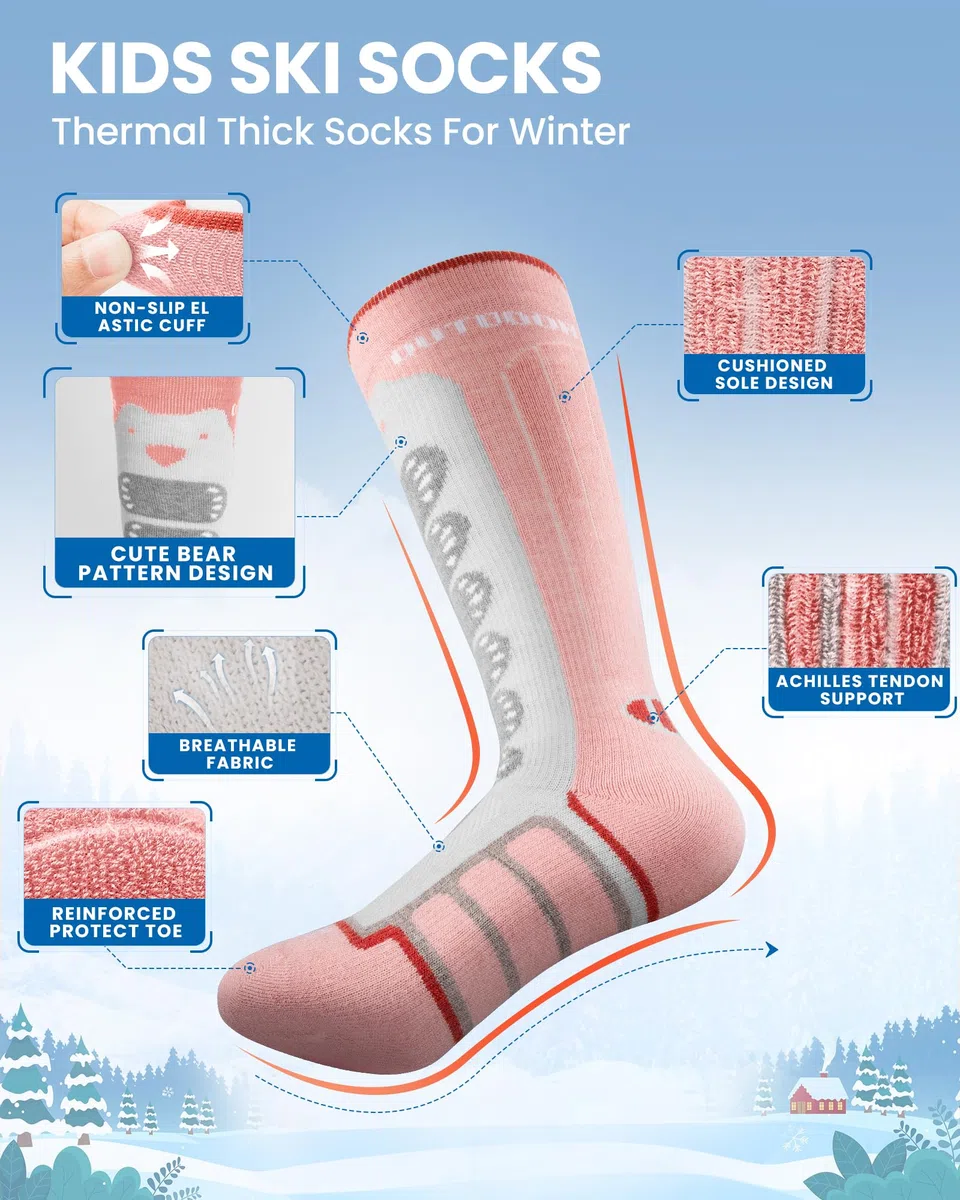 OutdoorMaster Calzini da Sci per Bambini, Confezione da 2 Calzini Termici a Compressione Invernale in Lana Merino con Ragazzi e Ragazze, Polsino Antiscivolo sopra Il Polpaccio per Sci, Snowboard