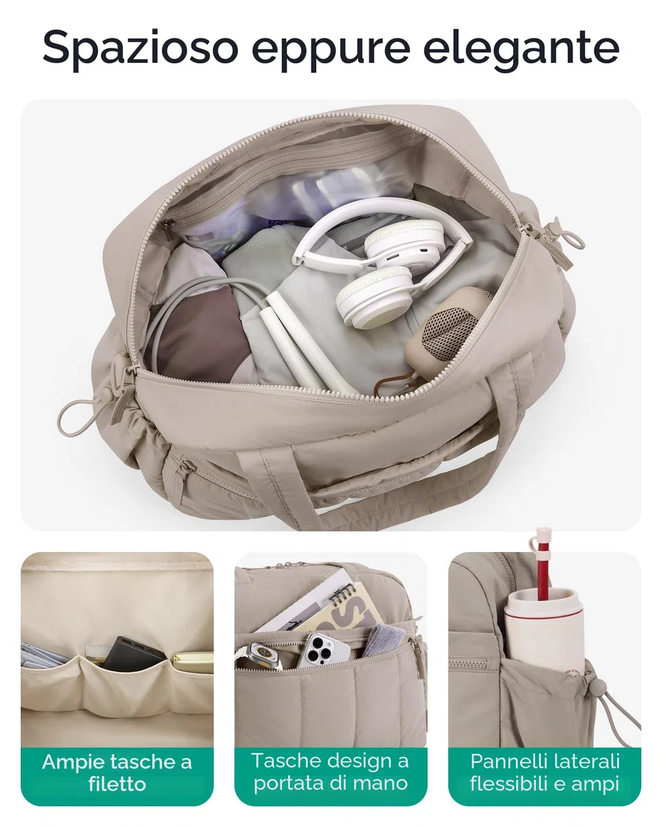 BAGSMART Borsone da Viaggio Donna, 24L Borsone Palestra Sportiva in Piuma, Borsa da Viaggio Impermeabile Grande Capacità, Bagaglio a Mano Leggero, Borsa Parto Ospedale con bagnata in PVC, Cammello, M