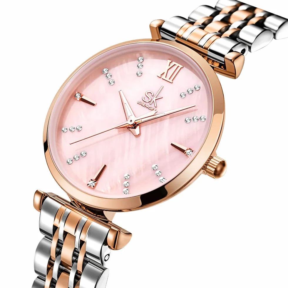 SHENGKE SK Classic Donne Orologi Moda Donne Dress Watch Solido Acciaio Inox Band Cinturino in Vera Pelle