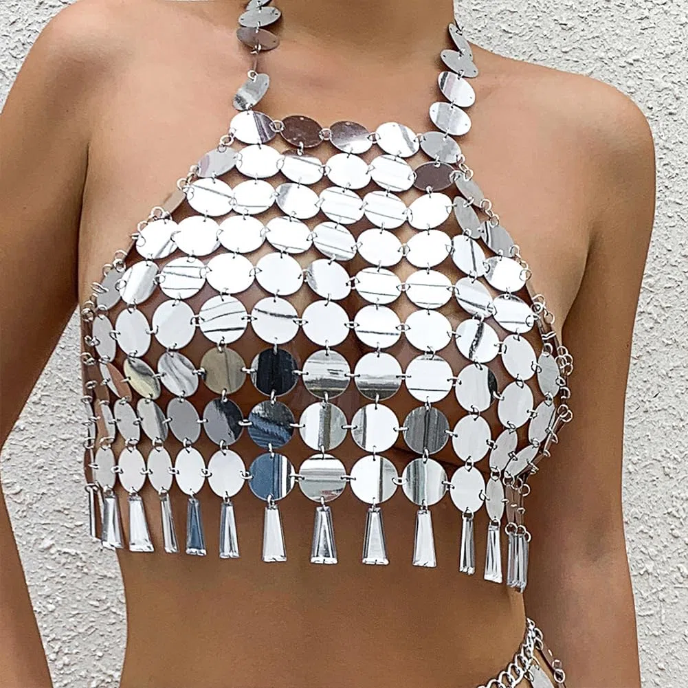 1Pc Argento Paillettes Bikini Top Estate Spiaggia Nappa Plastica Vestito Halter Schiena Scoperta Crop Top Reggiseno Sexy Catena Corpo Canotte Traforate Gioielli Catene Petto per Donne Nightc