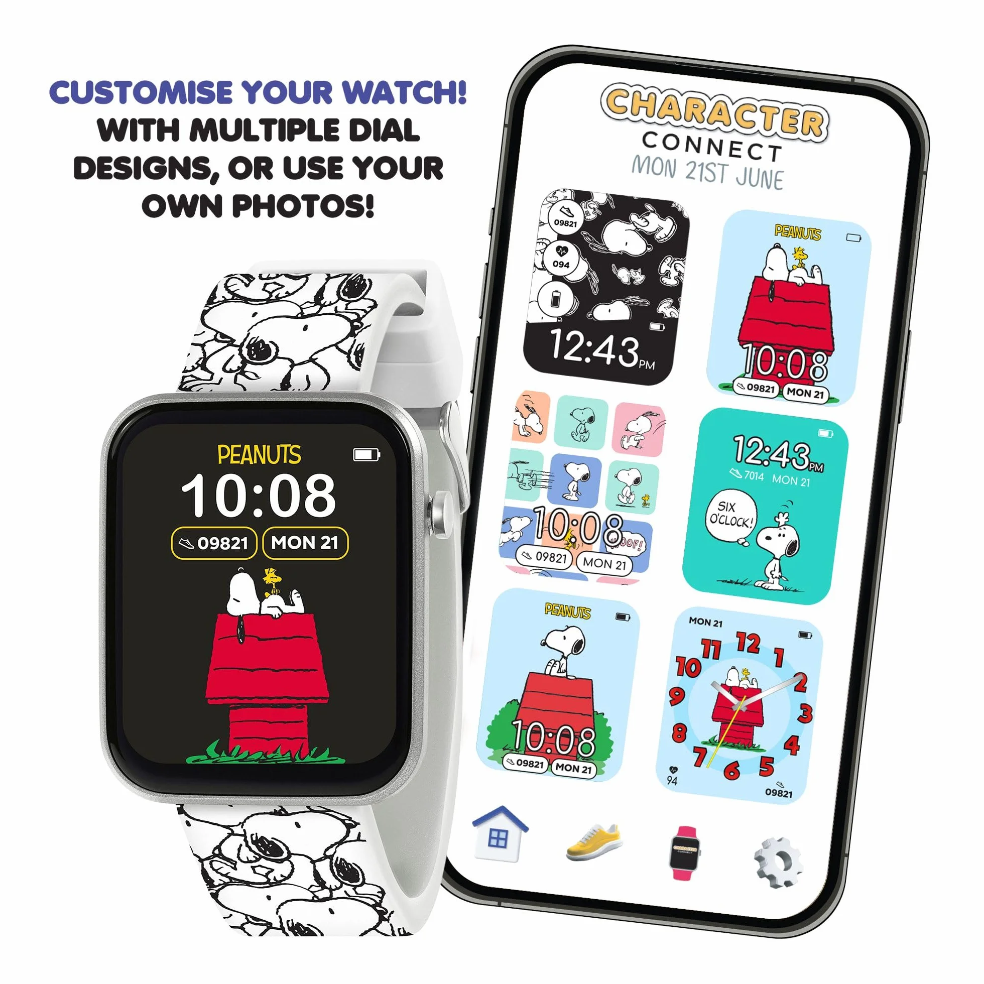 Accutime - Orologio intelligente interattivo Peanuts Snoopy per bambini con cinturino stampato bianco