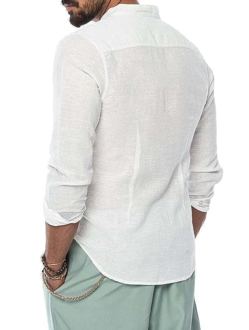 Camicia Uomo di Lino Manica Lunga Slim Fit Casual Estiva Coreana Traspirante Leggera