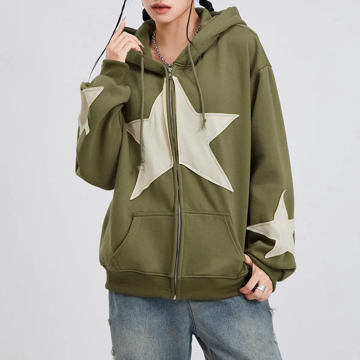 Felpa con cappuccio da donna Y2K con zip e stampa a stelle felpe oversize Fairy Grunge Graphic Giacca con cappuccio Harajuku Estetica E-Girls Streetwear