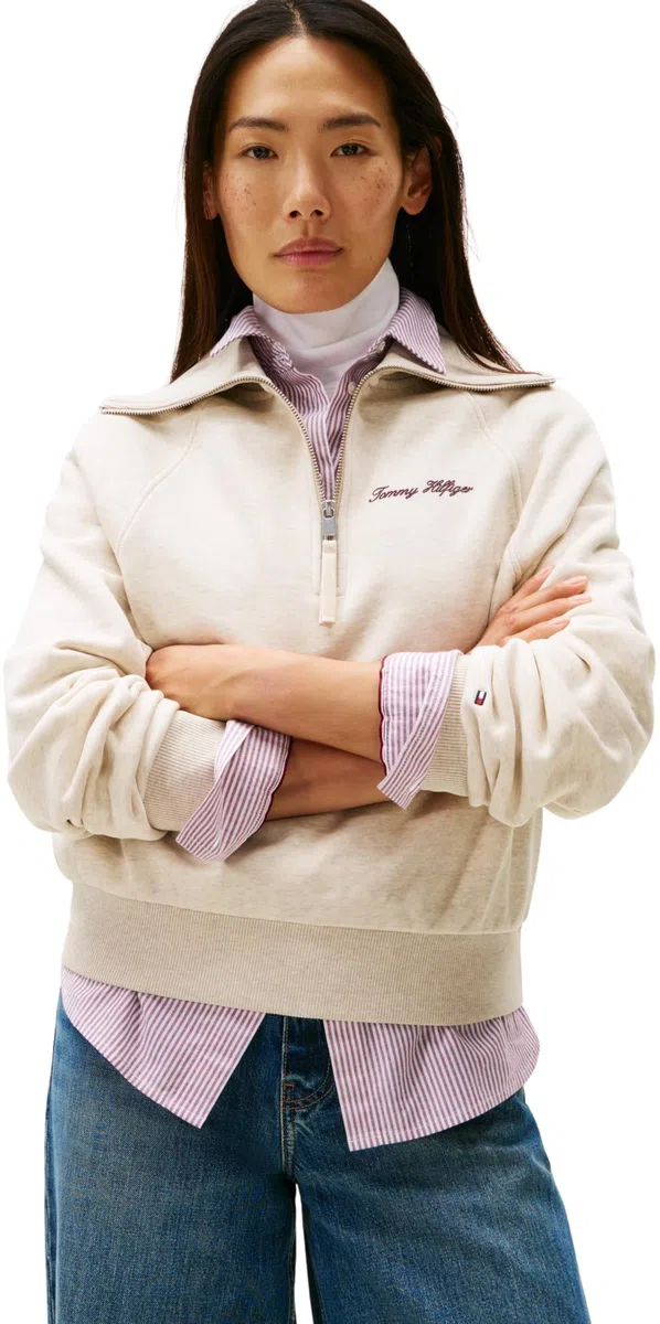 Tommy Hilfiger Donna Felpa con Cerniera Classic Script Fleece Mezza Zip