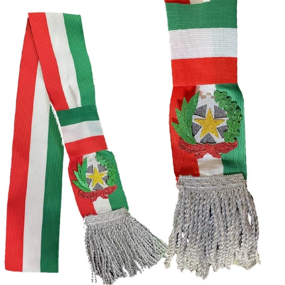 PELUSCIAMO Fascia Tricolore da Sindaco | Personalizzabile Con Scritta | Modello Repubblica Frangia Argento o Oro 100% Made in Italy Da Adulto PS 04627-05185