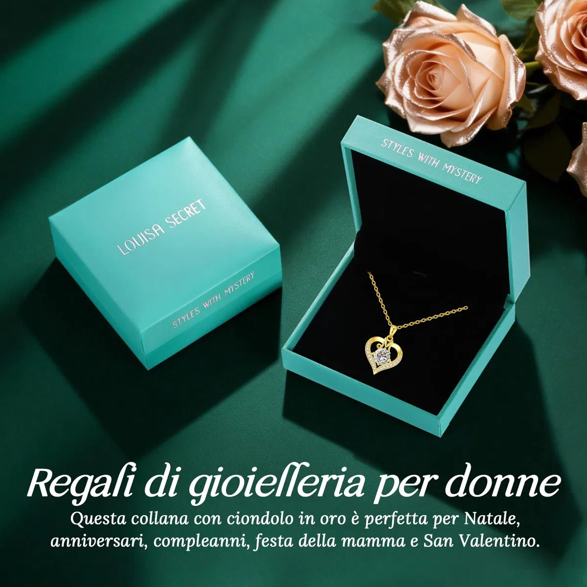 LOUISA SECRET Collana Donna Lettere A-Z,Ciondolo Cuore,Regalo per Mamma Rivestimento 18K Oro,Catena Regolabile 45+5cm,Idea Regalo per San Valentino e Compleanno,Donna Natale
